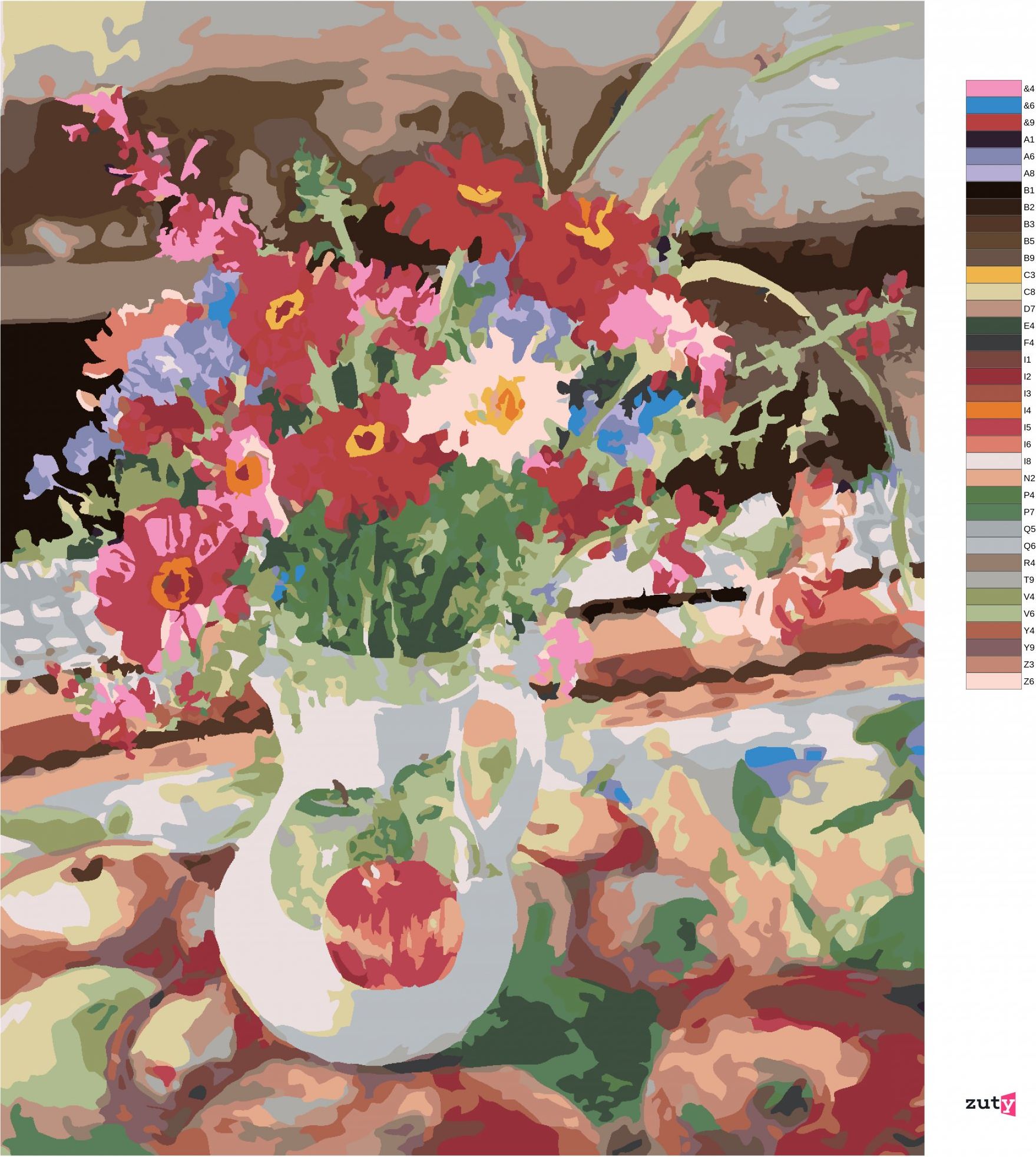 zuty Malování podle čísel – KVĚTINY VE DŽBÁNU A JABLKA (JUDY BUSWELL) - Rozměr: 40x50 cm, Rámování: Varianta: bez rámu a bez vypnutí plátna - obrázek 9