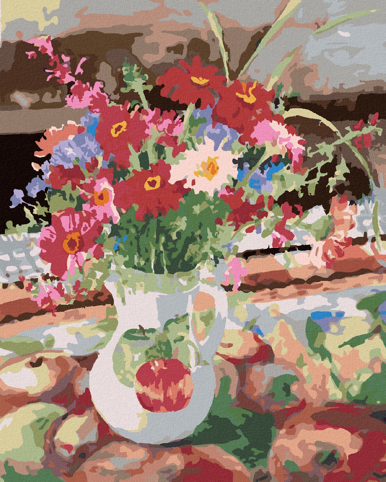 zuty Malování podle čísel – KVĚTINY VE DŽBÁNU A JABLKA (JUDY BUSWELL) - Rozměr: 40x50 cm, Rámování: Varianta: vypnuté plátno na rám - obrázek 1