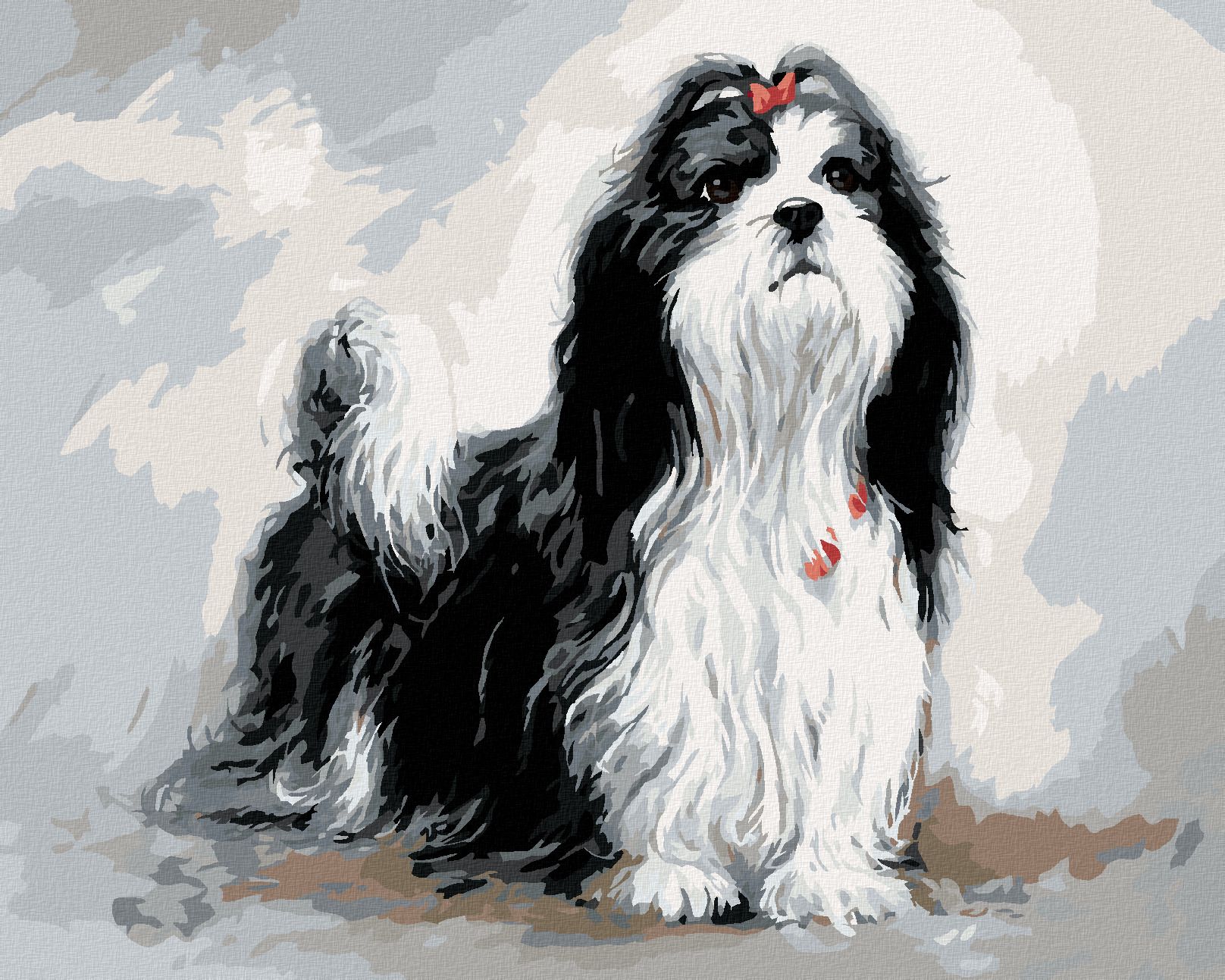 zuty Malování podle čísel – SHIH-TZU S ČERVENOU MAŠLÍ (JIM KILLEN) - Rozměr: 40x50 cm, Rámování: Varianta: vypnuté plátno na rám - obrázek 1