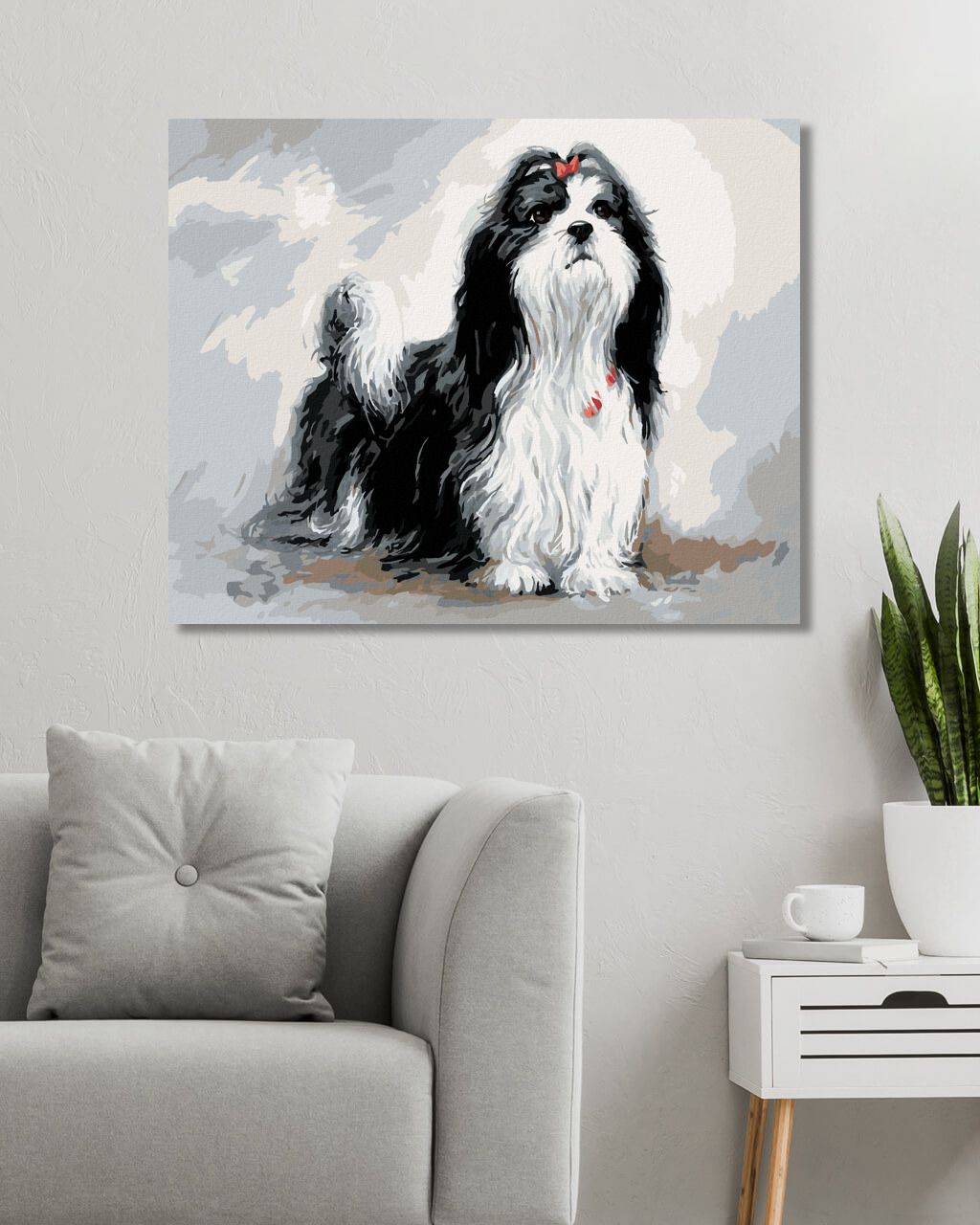zuty Malování podle čísel – SHIH-TZU S ČERVENOU MAŠLÍ (JIM KILLEN) - Rozměr: 40x50 cm, Rámování: Varianta: vypnuté plátno na rám - obrázek 2