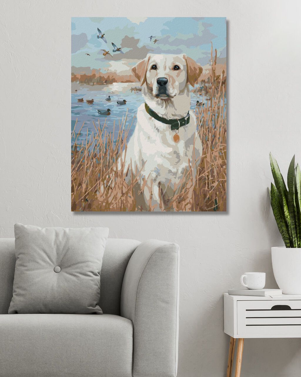 zuty Malování podle čísel - ZLATÝ LABRADOR V RÁKOSÍ U RYBNÍKA A KACHNY (JIM KILLEN) - Rozměr: 40x50 cm, Rámování: Varianta: vypnuté plátno na rám - obrázek 2