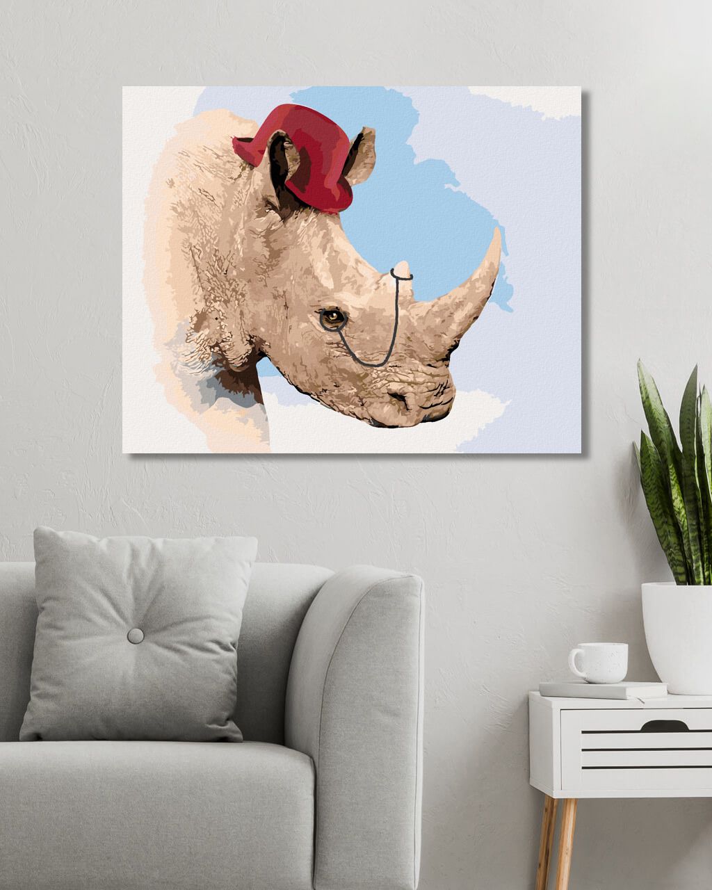 zuty Malování podle čísel - NOSOROŽEC S ČERVENOU ČEPICÍ A MONOKLEM (LARRY HERSBERGER) - Rozměr: 40x50 cm, Rámování: Varianta: vypnuté plátno na rám - obrázek 6