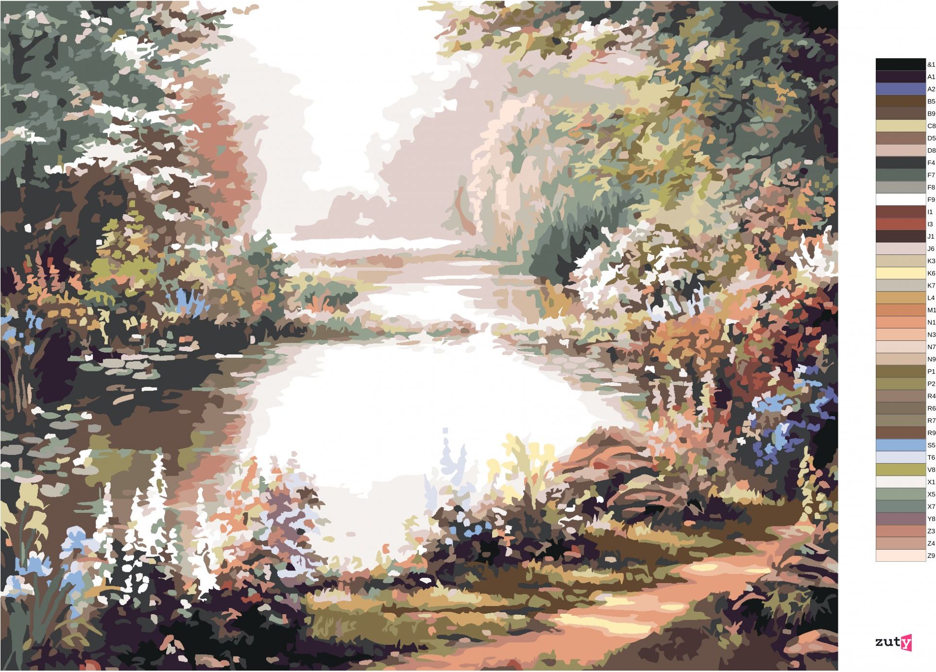 zuty Malování podle čísel - RYBNÍK, STROMY A KVĚTINY (NORTHERN PROMOTIONS) - Rozměr: 40x50 cm, Rámování: Varianta: bez rámu a bez vypnutí plátna - obrázek 4