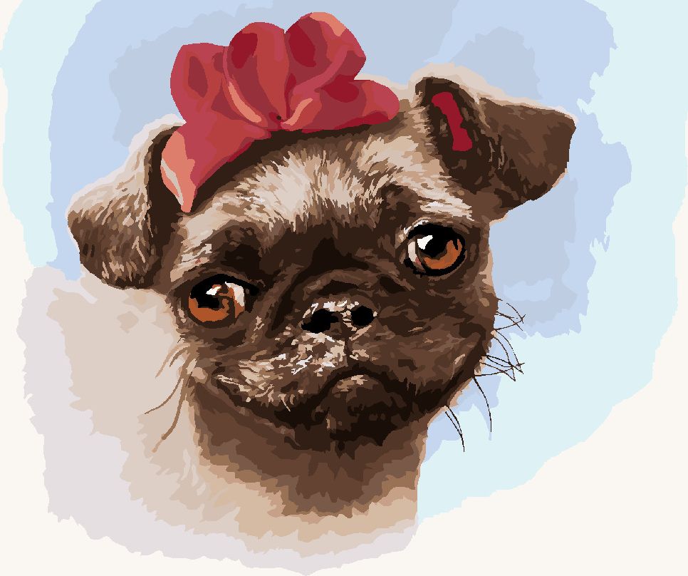 zuty Malování podle čísel - MOPS S ČERVENOU MAŠLÍ (LARRY HERSBERGER) - Rozměr: 40x50 cm, Rámování: Varianta: bez rámu a bez vypnutí plátna - obrázek 3