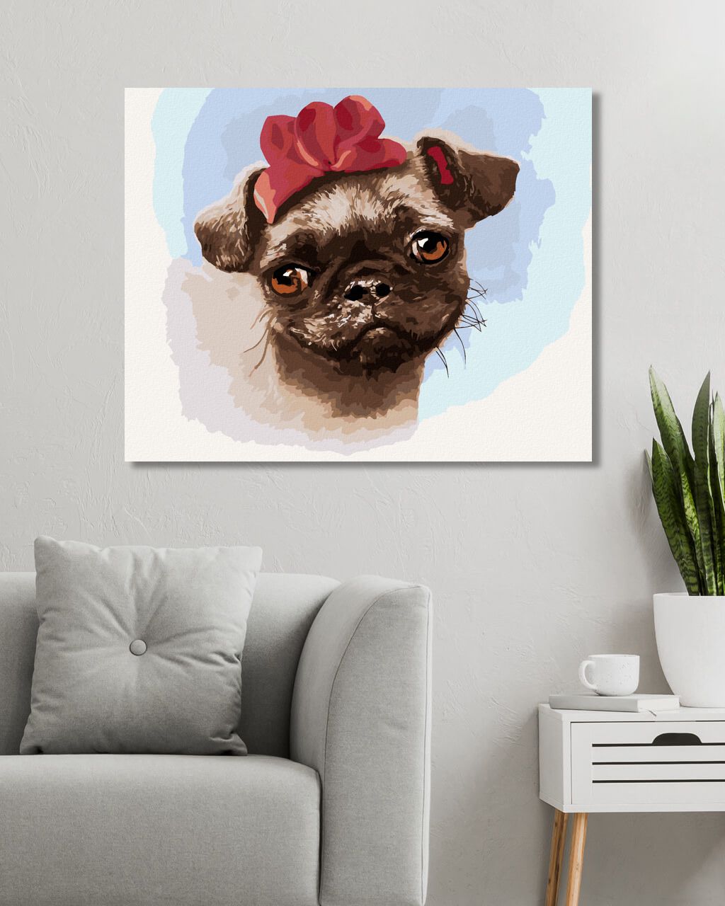 zuty Malování podle čísel - MOPS S ČERVENOU MAŠLÍ (LARRY HERSBERGER) - Rozměr: 40x50 cm, Rámování: Varianta: bez rámu a bez vypnutí plátna - obrázek 6