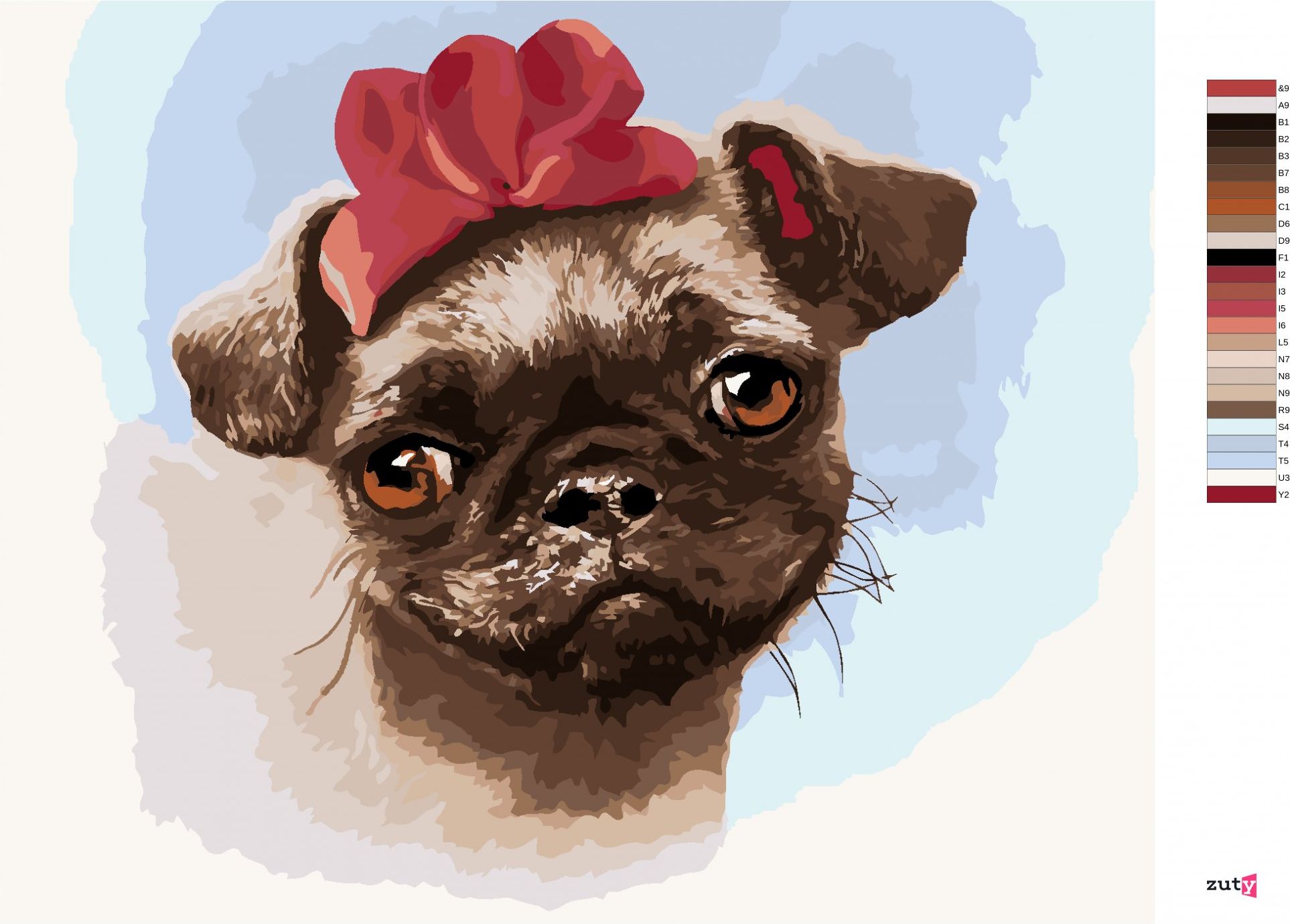 zuty Malování podle čísel - MOPS S ČERVENOU MAŠLÍ (LARRY HERSBERGER) - Rozměr: 40x50 cm, Rámování: Varianta: bez rámu a bez vypnutí plátna - obrázek 9