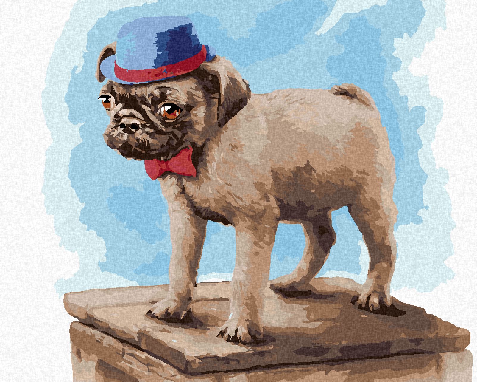 zuty Malování podle čísel - MOPS S ČERVENOU MAŠLÍ A MODROU ČEPICÍ (LARRY HERSBERGER) - Rozměr: 40x50 cm, Rámování: Varianta: vypnuté plátno na rám - obrázek 1