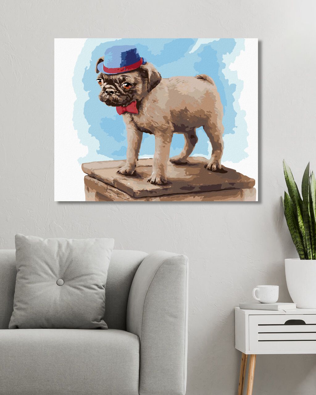 zuty Malování podle čísel - MOPS S ČERVENOU MAŠLÍ A MODROU ČEPICÍ (LARRY HERSBERGER) - Rozměr: 40x50 cm, Rámování: Varianta: vypnuté plátno na rám - obrázek 5