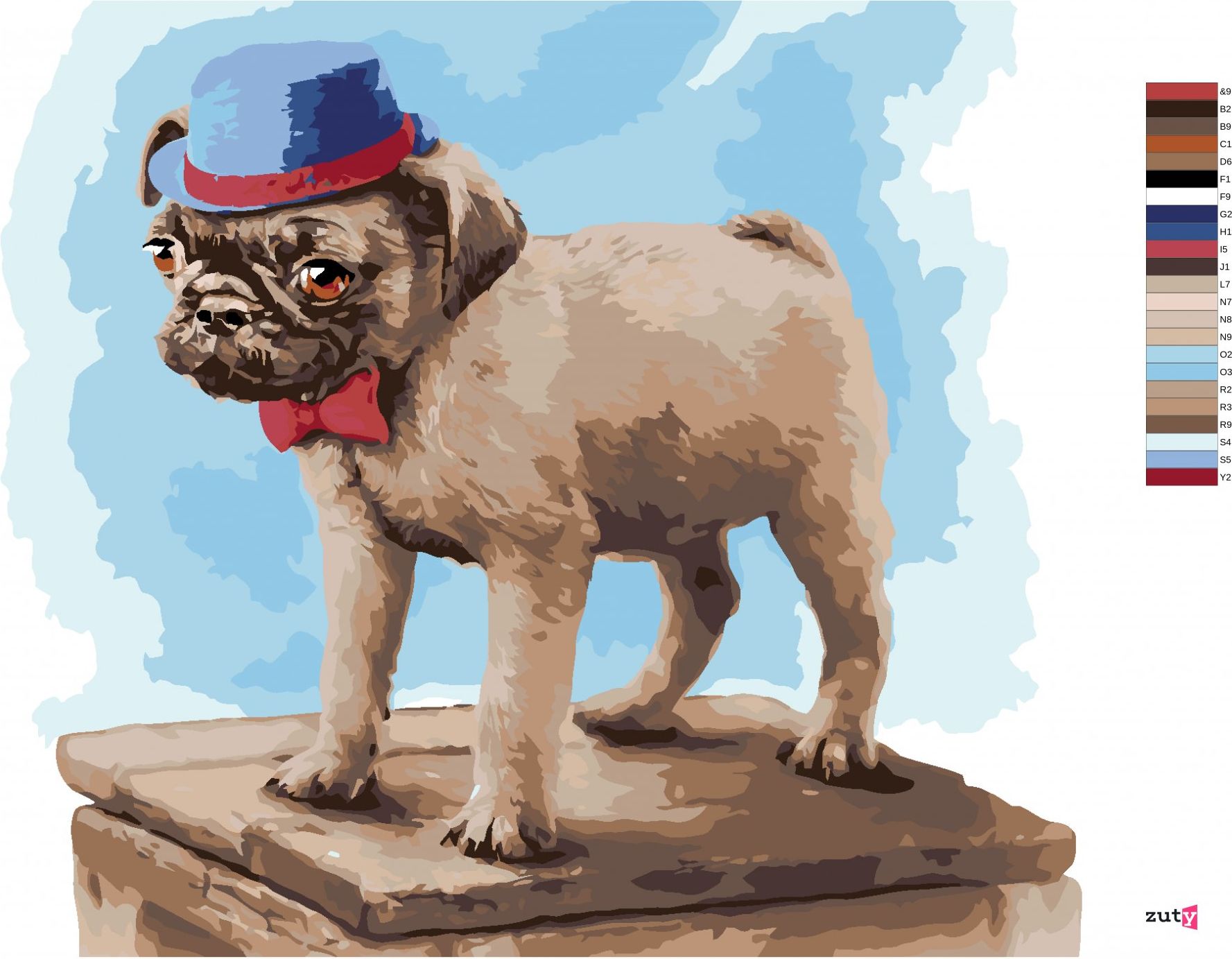zuty Malování podle čísel - MOPS S ČERVENOU MAŠLÍ A MODROU ČEPICÍ (LARRY HERSBERGER) - Rozměr: 40x50 cm, Rámování: Varianta: vypnuté plátno na rám - obrázek 6