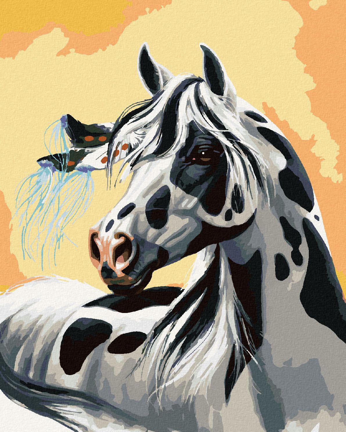 zuty Malování podle čísel – STRAKATÝ KŮŇ S PÍRKEM VE HŘÍVĚ (NORTHERN PROMOTIONS) - Rozměr: 40x50 cm, Rámování: Varianta: bez rámu a bez vypnutí plátna - obrázek 1