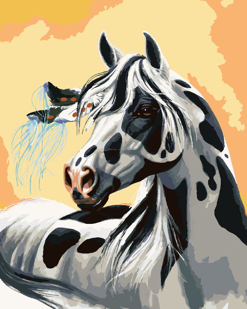zuty Malování podle čísel – STRAKATÝ KŮŇ S PÍRKEM VE HŘÍVĚ (NORTHERN PROMOTIONS) - Rozměr: 40x50 cm, Rámování: Varianta: bez rámu a bez vypnutí plátna - obrázek 4