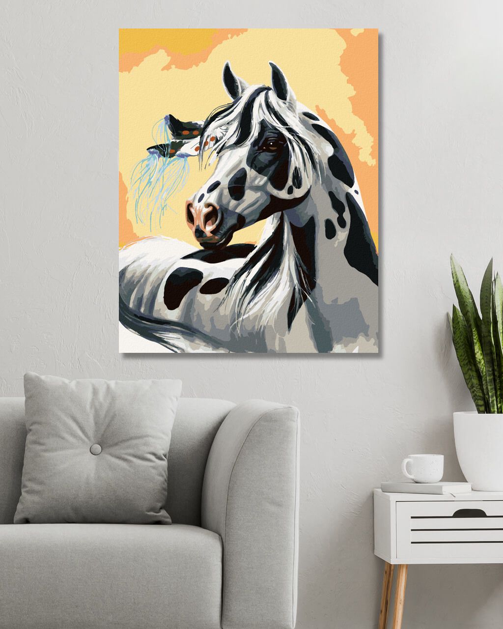 zuty Malování podle čísel – STRAKATÝ KŮŇ S PÍRKEM VE HŘÍVĚ (NORTHERN PROMOTIONS) - Rozměr: 40x50 cm, Rámování: Varianta: vypnuté plátno na rám - obrázek 5