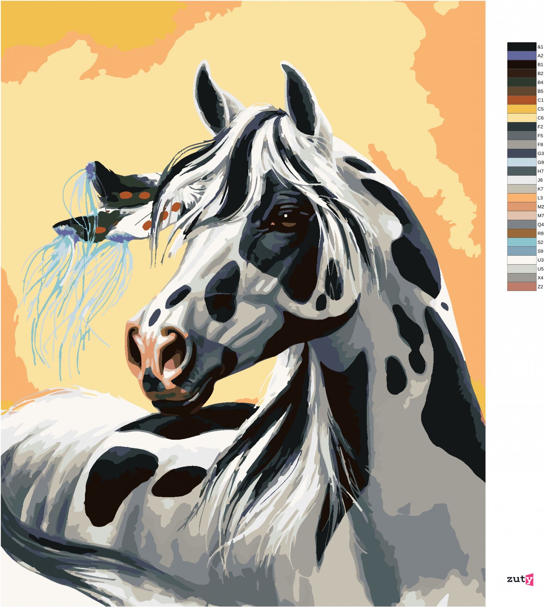 zuty Malování podle čísel – STRAKATÝ KŮŇ S PÍRKEM VE HŘÍVĚ (NORTHERN PROMOTIONS) - Rozměr: 40x50 cm, Rámování: Varianta: vypnuté plátno na rám - obrázek 9