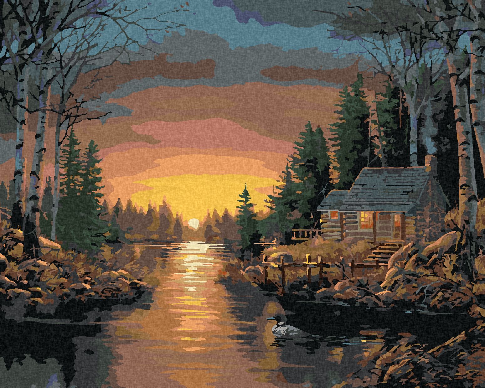 zuty Malování podle čísel - ZÁPAD SLUNCE A CHATA V LESE U JEZERA (NORTHERN PROMOTIONS) - Rozměr: 40x50 cm, Rámování: Varianta: bez rámu a bez vypnutí plátna - obrázek 1