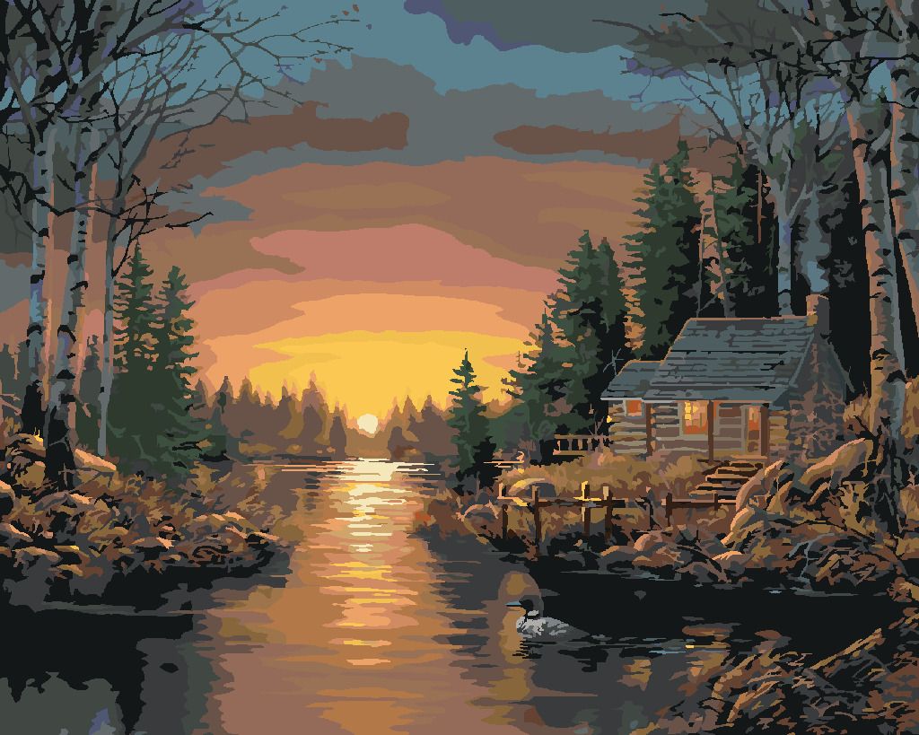 zuty Malování podle čísel - ZÁPAD SLUNCE A CHATA V LESE U JEZERA (NORTHERN PROMOTIONS) - Rozměr: 40x50 cm, Rámování: Varianta: bez rámu a bez vypnutí plátna - obrázek 3