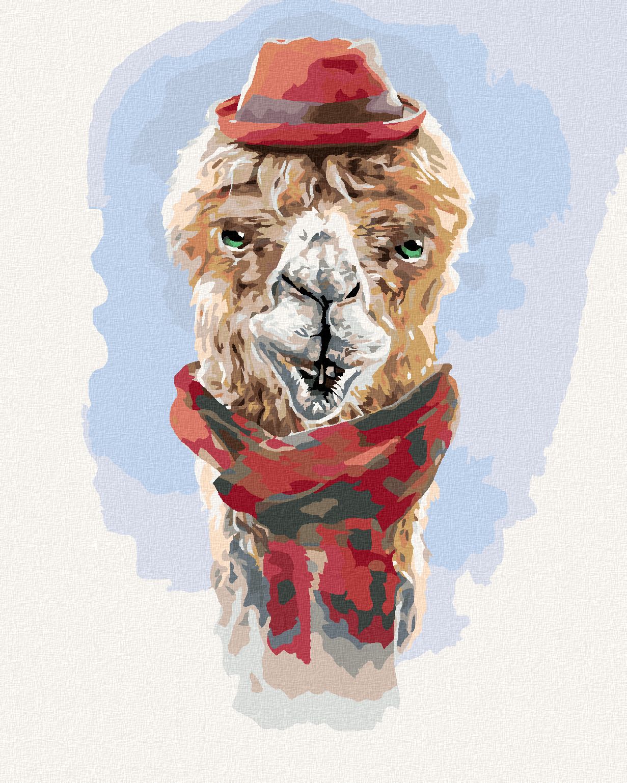 zuty Malování podle čísel - LAMA S ČERVENOU ČEPICÍ A ŠÁLOU (LARRY HERSBERGER) - Rozměr: 40x50 cm, Rámování: Varianta: vypnuté plátno na rám - obrázek 1