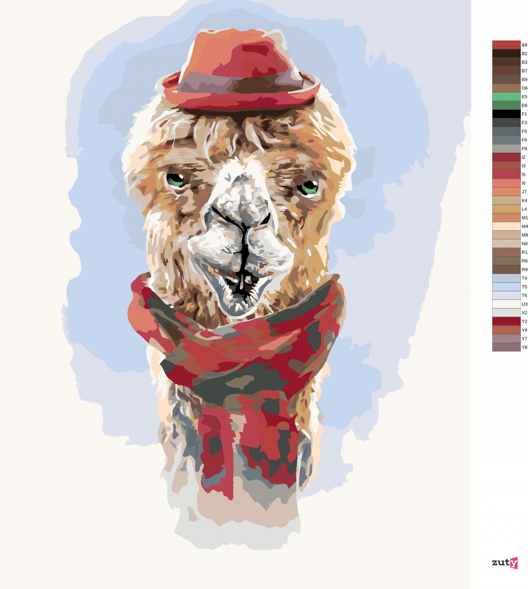 zuty Malování podle čísel - LAMA S ČERVENOU ČEPICÍ A ŠÁLOU (LARRY HERSBERGER) - Rozměr: 40x50 cm, Rámování: Varianta: vypnuté plátno na rám - obrázek 3