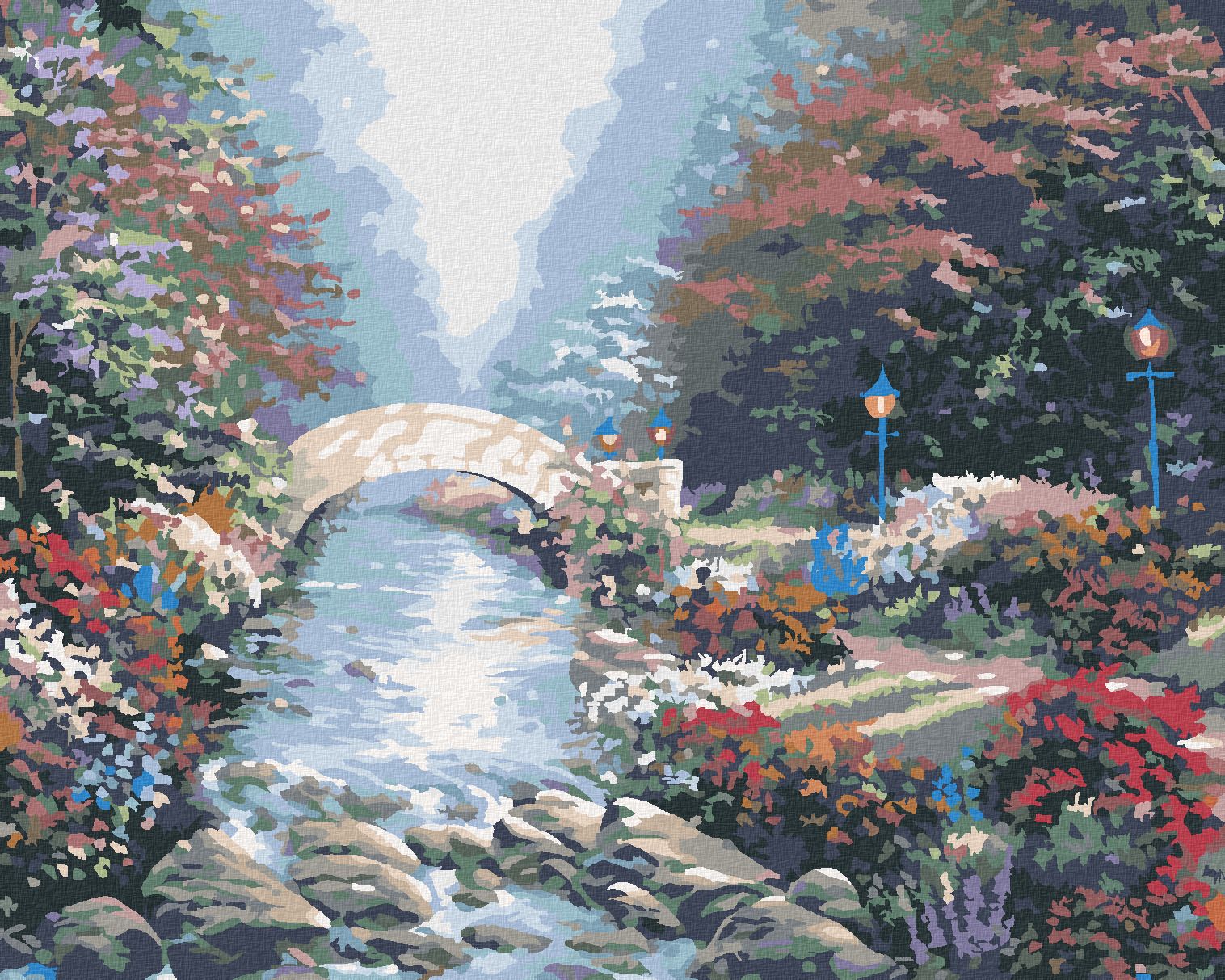zuty Malování podle čísel - MOST PŘES ŘEKU, LES A KVĚTINY (NORTHERN PROMOTIONS) - Rozměr: 40x50 cm, Rámování: Varianta: vypnuté plátno na rám - obrázek 1