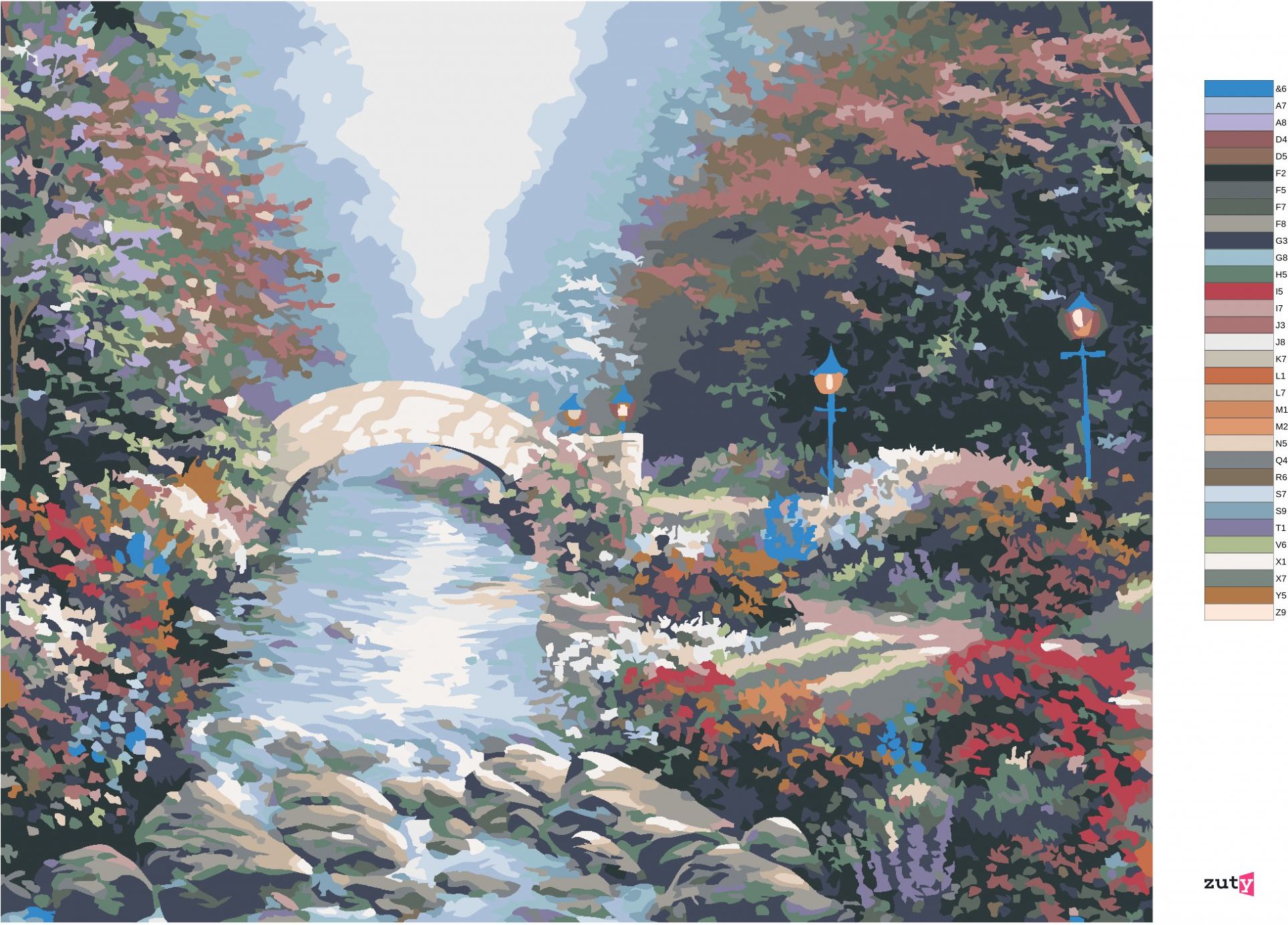 zuty Malování podle čísel - MOST PŘES ŘEKU, LES A KVĚTINY (NORTHERN PROMOTIONS) - Rozměr: 40x50 cm, Rámování: Varianta: vypnuté plátno na rám - obrázek 2