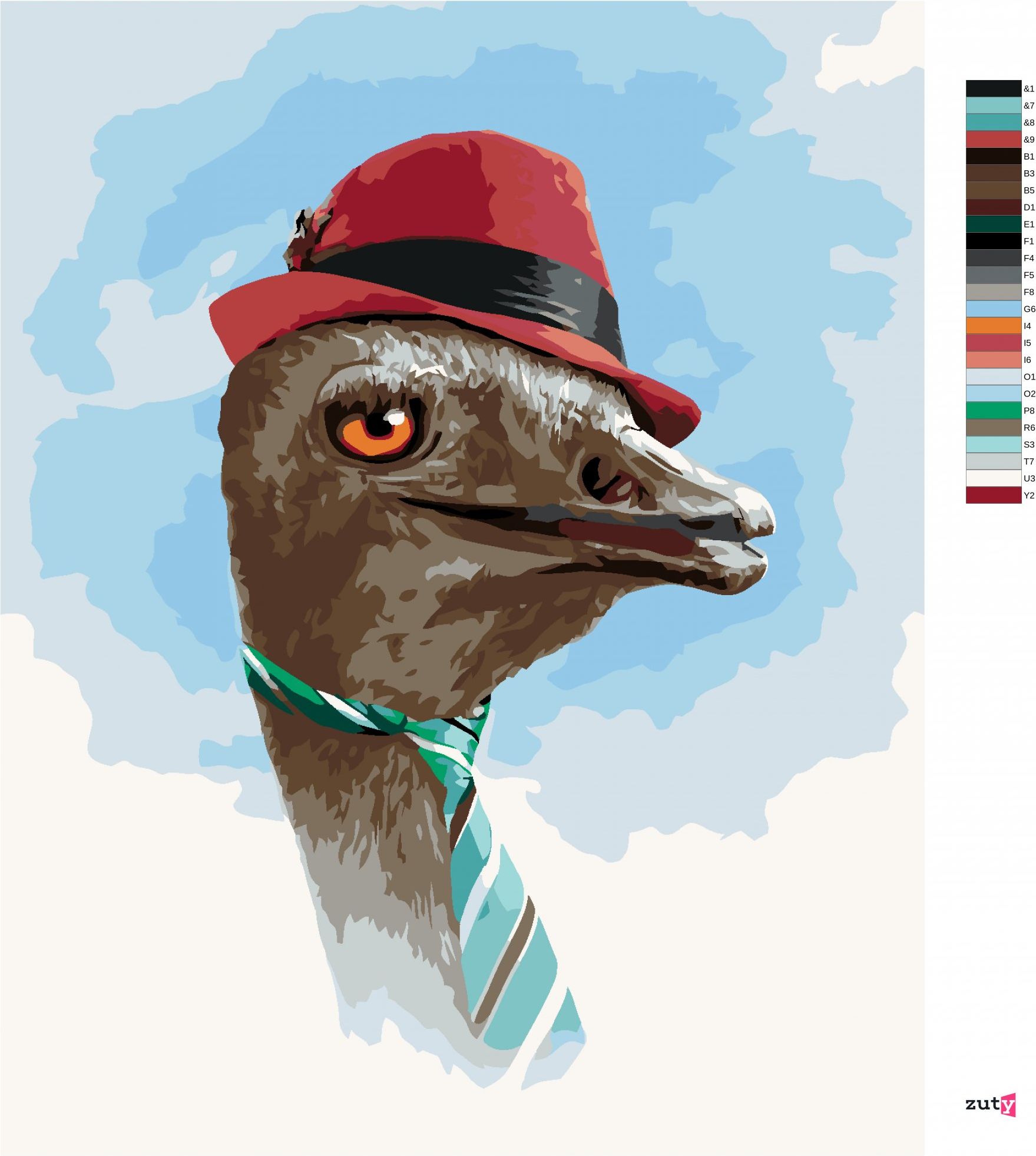 zuty Malování podle čísel - PŠTROS S ČERVENOU ČEPICÍ A ZELENOU KRAVATOU (LARRY HERSBERGER) - Rozměr: 40x50 cm, Rámování: Varianta: vypnuté plátno na rám - obrázek 2