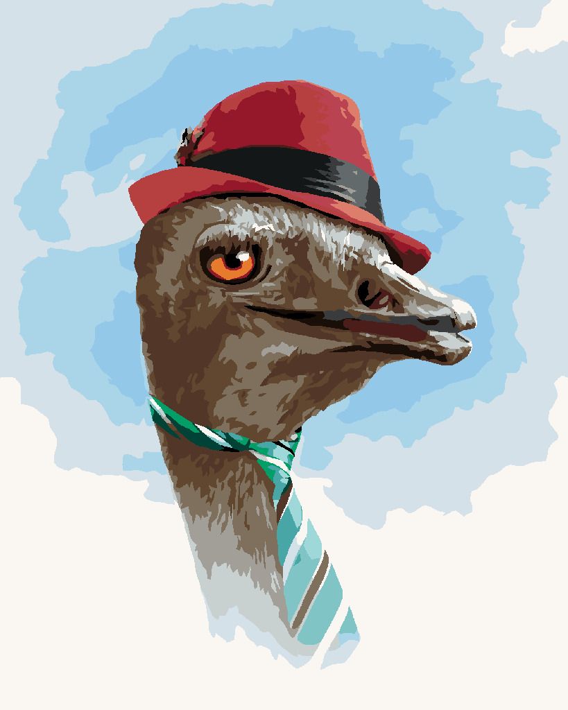 zuty Malování podle čísel - PŠTROS S ČERVENOU ČEPICÍ A ZELENOU KRAVATOU (LARRY HERSBERGER) - Rozměr: 40x50 cm, Rámování: Varianta: vypnuté plátno na rám - obrázek 6