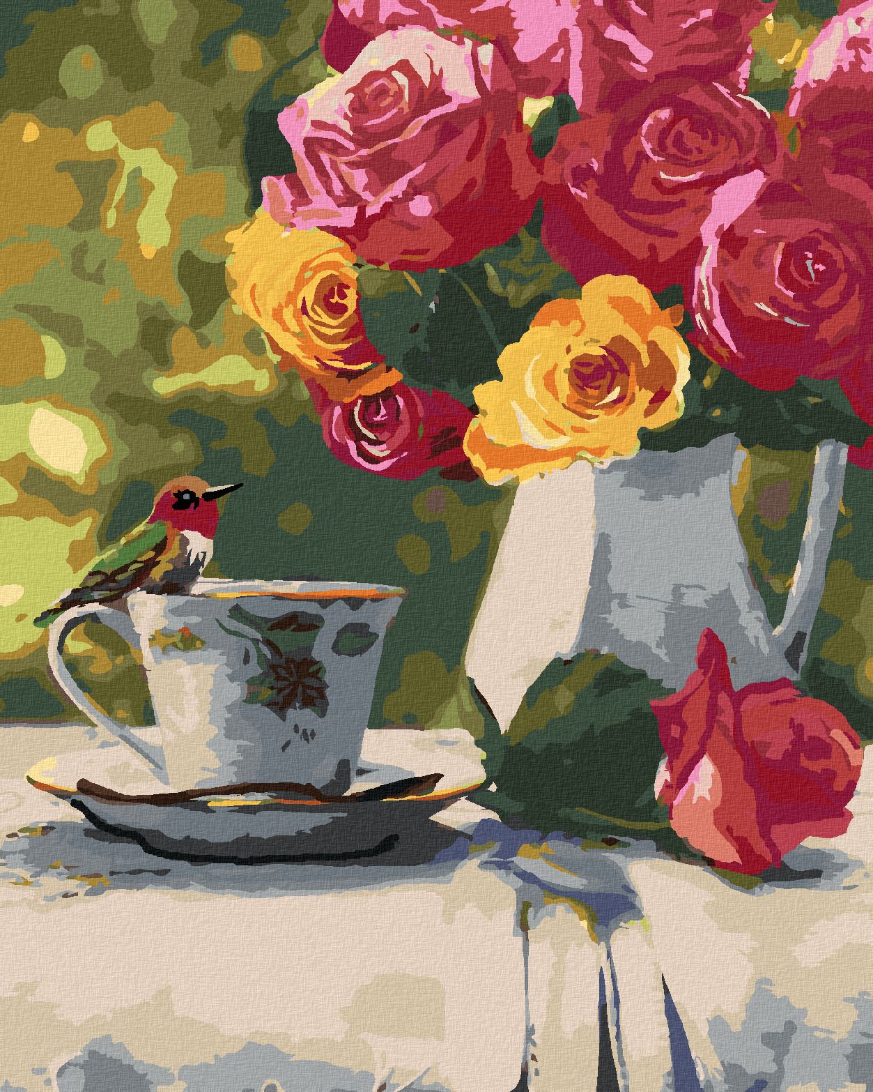 zuty Malování podle čísel – PTÁK NA ČAJOVÉM HRNÍČKU, VÁZA S RŮŽEMI A RUKAVICE (VICTORIA SCHULTZ) - Rozměr: 40x50 cm, Rámování: Varianta: vypnuté plátno na rám - obrázek 1