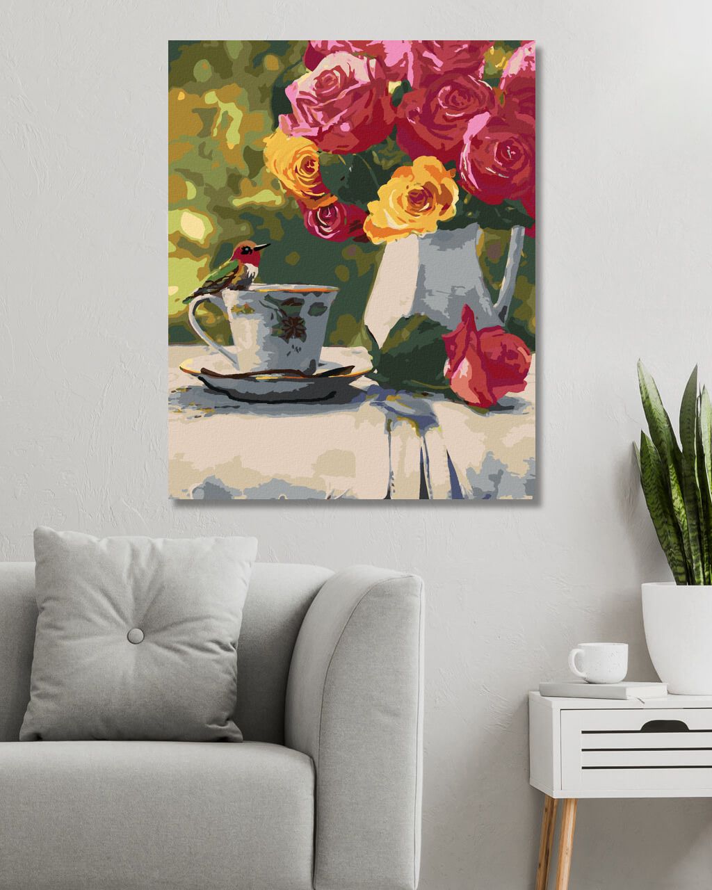 zuty Malování podle čísel – PTÁK NA ČAJOVÉM HRNÍČKU, VÁZA S RŮŽEMI A RUKAVICE (VICTORIA SCHULTZ) - Rozměr: 40x50 cm, Rámování: Varianta: vypnuté plátno na rám - obrázek 9