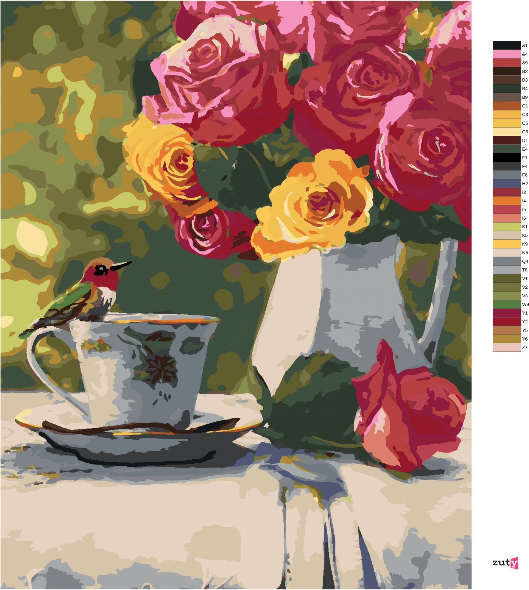zuty Malování podle čísel – PTÁK NA ČAJOVÉM HRNÍČKU, VÁZA S RŮŽEMI A RUKAVICE (VICTORIA SCHULTZ) - Rozměr: 40x50 cm, Rámování: Varianta: vypnuté plátno na rám - obrázek 10