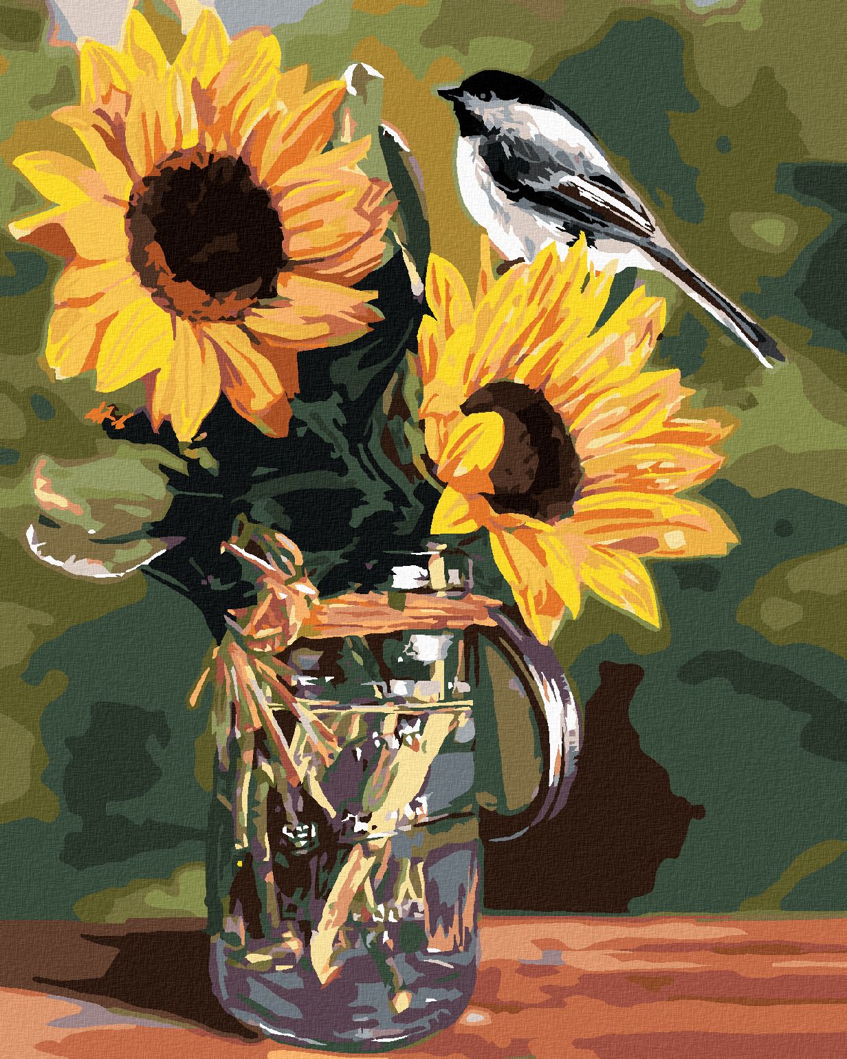 zuty Malování podle čísel – SÝKORA MLYNAŘÍK A SLUNEČNICE VE DŽBÁNU (VICTORIA SCHULTZ) - Rozměr: 40x50 cm, Rámování: Varianta: bez rámu a bez vypnutí plátna - obrázek 1