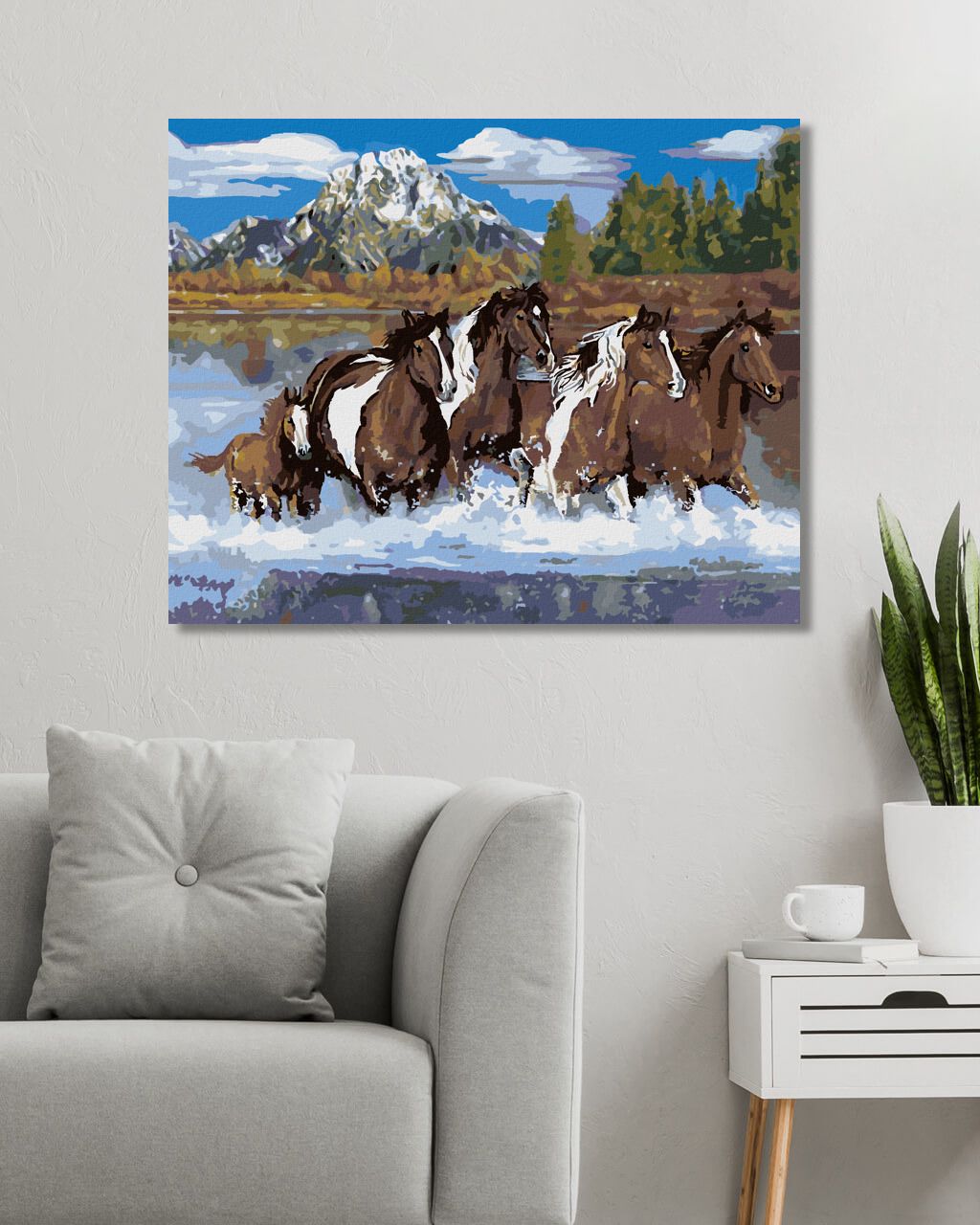 zuty Malování podle čísel – STÁDO KONÍ VE VODĚ A HORY (VICTORIA SCHULTZ) - Rozměr: 40x50 cm, Rámování: Varianta: bez rámu a bez vypnutí plátna - obrázek 2
