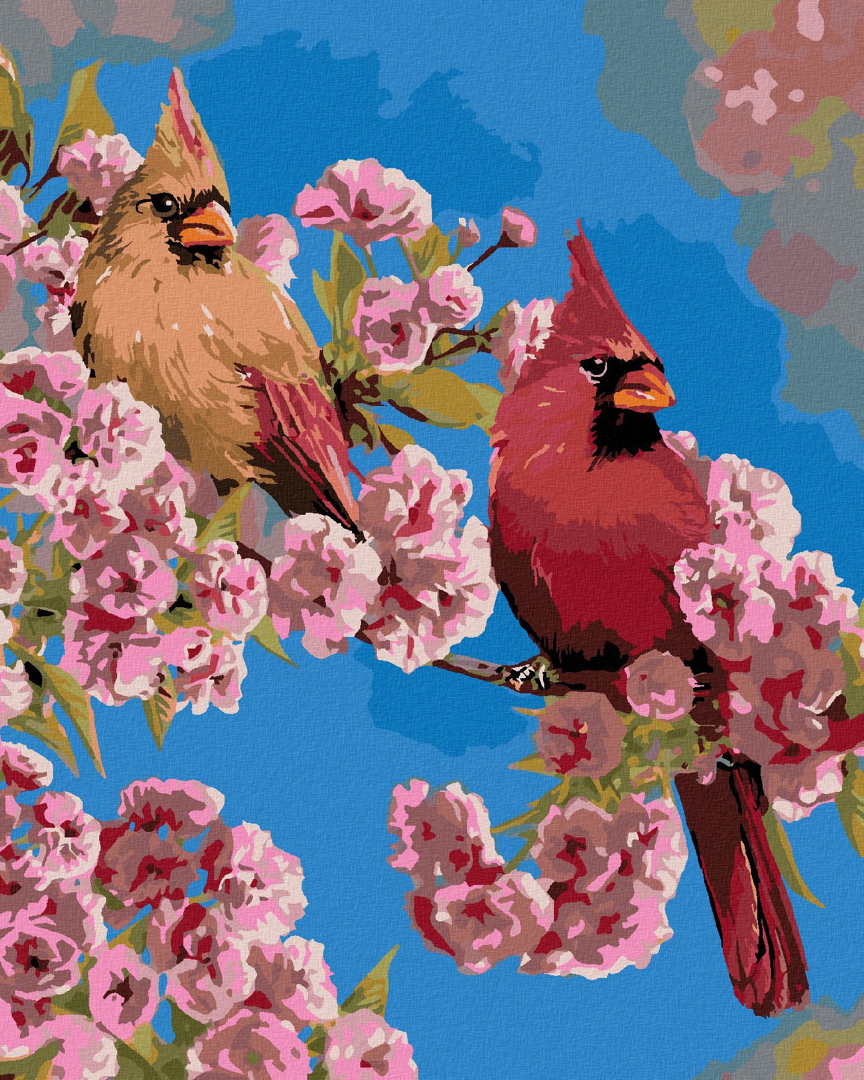 zuty Malování podle čísel – PTÁK KARDINÁL NA VĚTVI S RŮŽOVÝMI KVĚTY (VICTORIA SCHULTZ) - Rozměr: 40x50 cm, Rámování: Varianta: bez rámu a bez vypnutí plátna - obrázek 1
