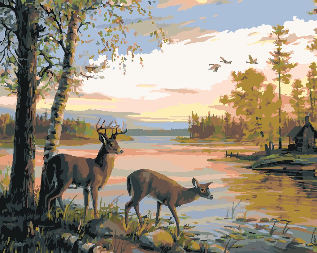 zuty Malování podle čísel – SRNEC A SRNA U RYBNÍKA, CHATA A ZÁPAD SLUNCE (NORTHERN PROMOTIONS) - Rozměr: 40x50 cm, Rámování: Varianta: bez rámu a bez vypnutí plátna - obrázek 10