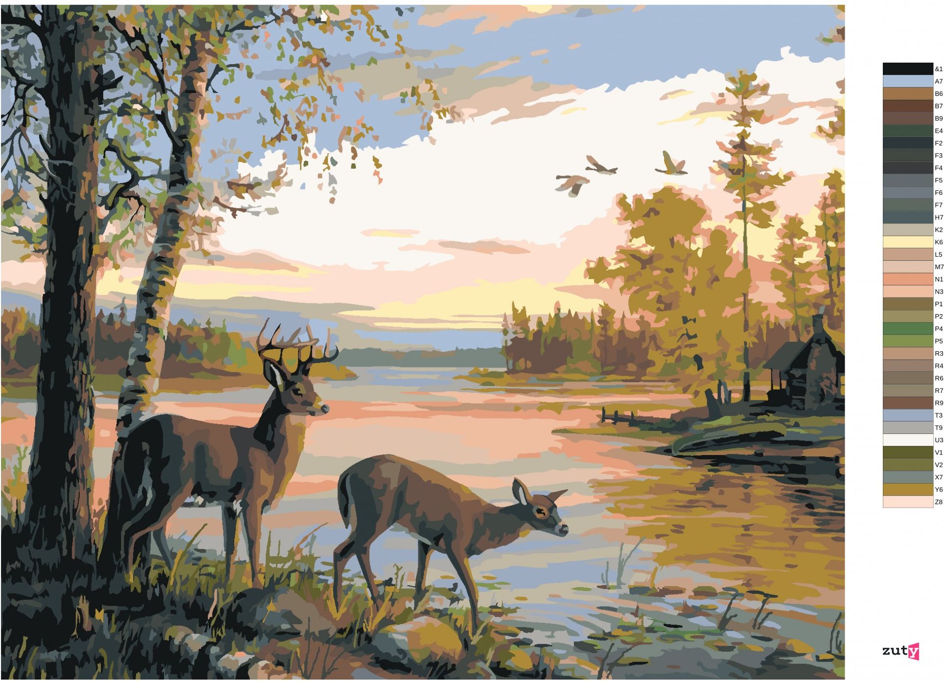 zuty Malování podle čísel – SRNEC A SRNA U RYBNÍKA, CHATA A ZÁPAD SLUNCE (NORTHERN PROMOTIONS) - Rozměr: 40x50 cm, Rámování: Varianta: vypnuté plátno na rám - obrázek 2