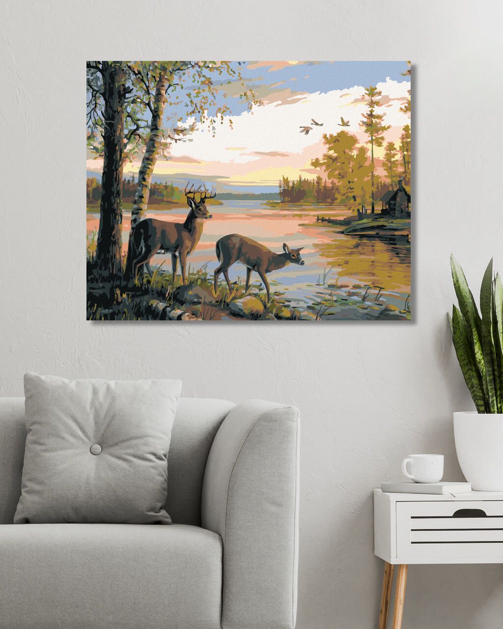 zuty Malování podle čísel – SRNEC A SRNA U RYBNÍKA, CHATA A ZÁPAD SLUNCE (NORTHERN PROMOTIONS) - Rozměr: 40x50 cm, Rámování: Varianta: vypnuté plátno na rám - obrázek 8