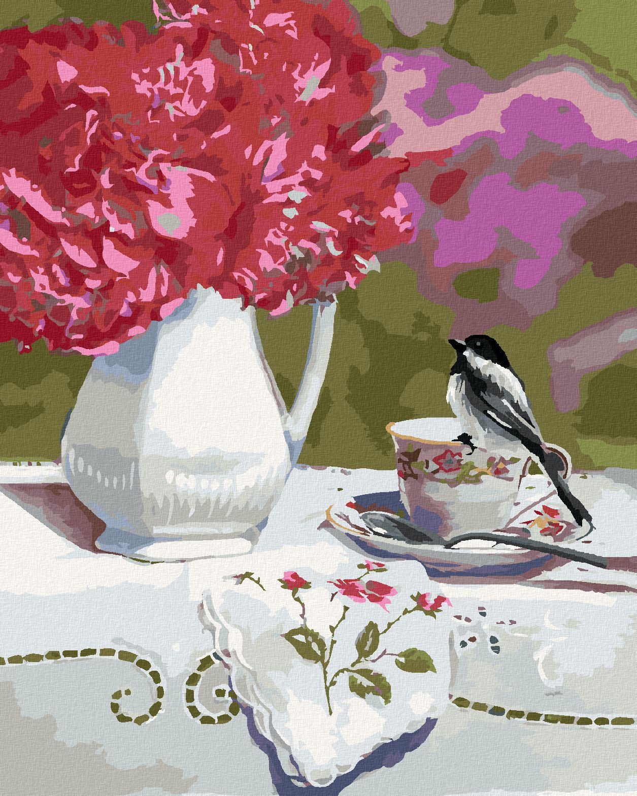 zuty Malování podle čísel – SÝKORA MLYNAŘÍK NA ČAJOVÉM HRNÍČKU A VÁZA S KVĚTINAMI (VICTORIA SCHULTZ) - Rozměr: 40x50 cm, Rámování: Varianta: vypnuté plátno na rám - obrázek 1