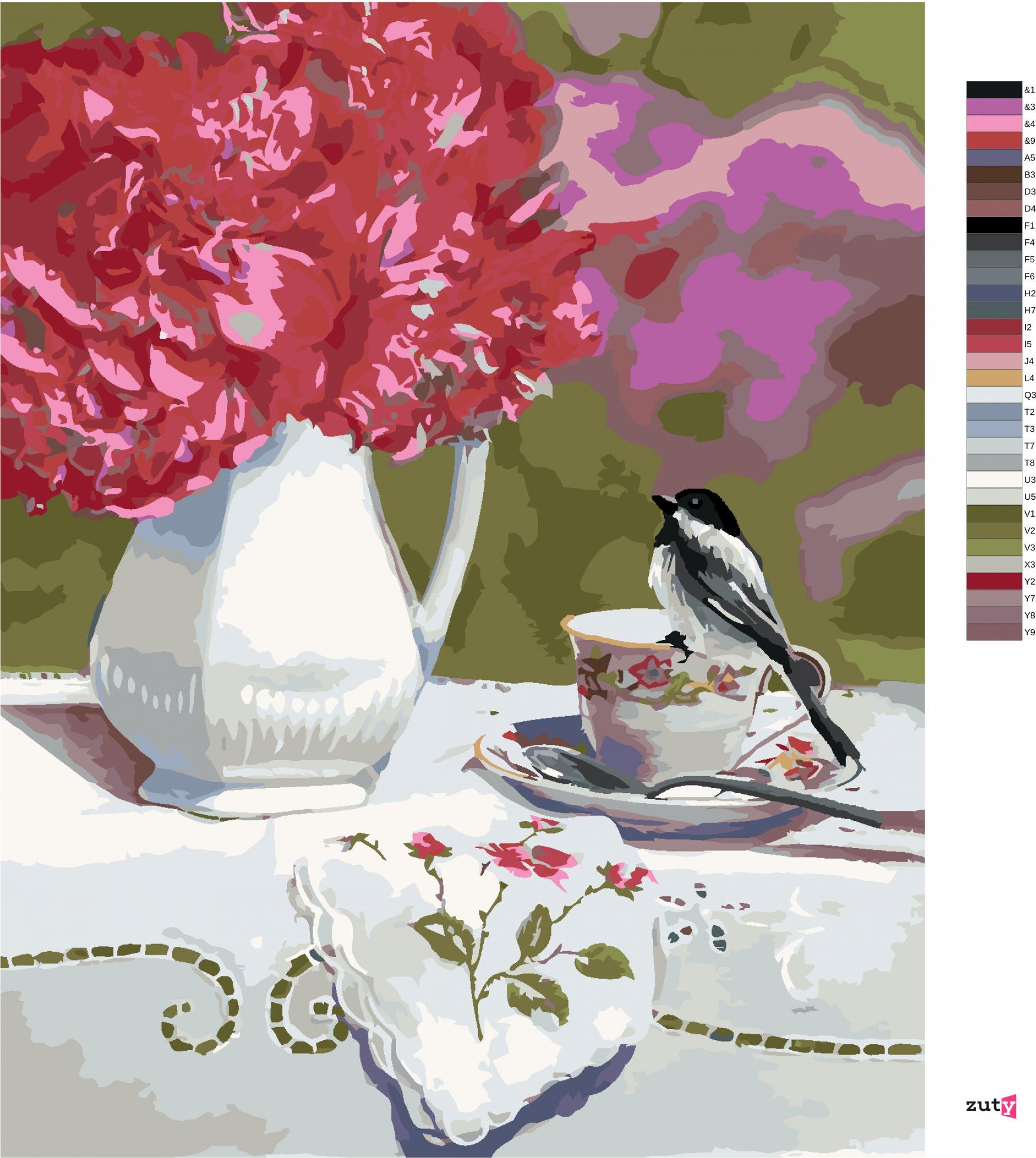 zuty Malování podle čísel – SÝKORA MLYNAŘÍK NA ČAJOVÉM HRNÍČKU A VÁZA S KVĚTINAMI (VICTORIA SCHULTZ) - Rozměr: 40x50 cm, Rámování: Varianta: vypnuté plátno na rám - obrázek 4