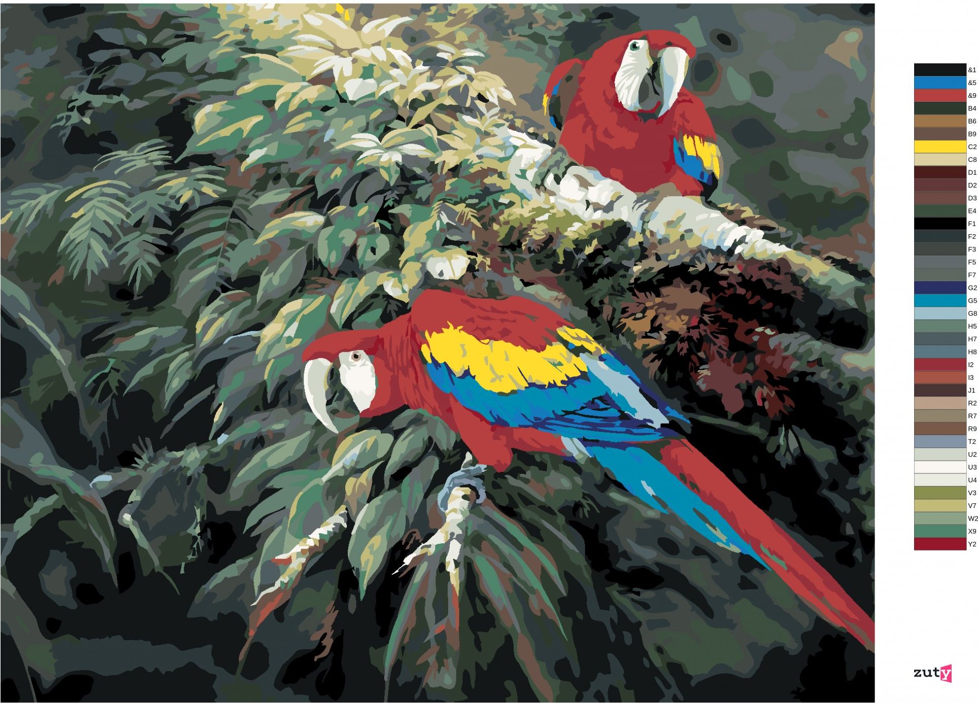 zuty Malování podle čísel – PÁR PAPOUŠKŮ ARA ARAKANGA NA VĚTVI (NORTHERN PROMOTIONS) - Rozměr: 40x50 cm, Rámování: Varianta: bez rámu a bez vypnutí plátna - obrázek 4