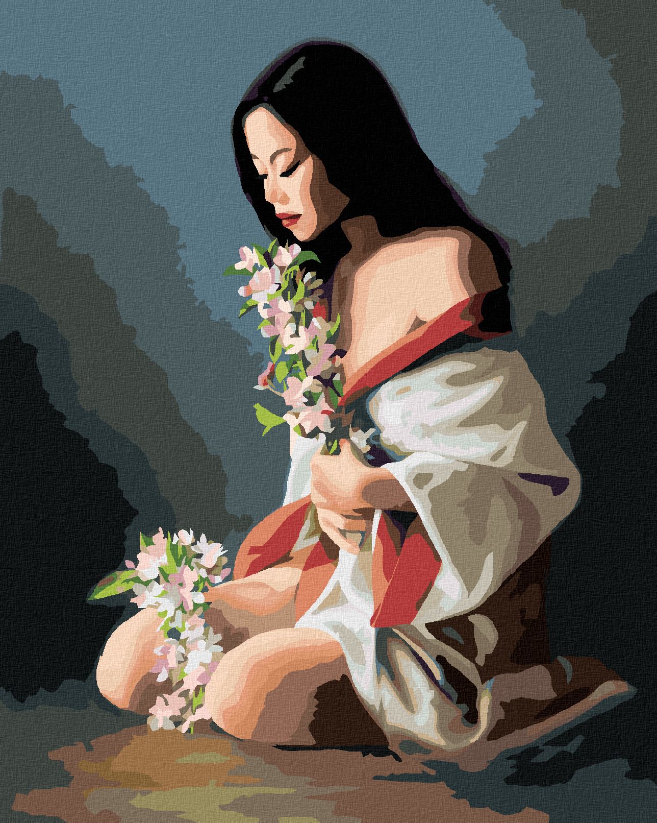 zuty Malování podle čísel - DÍVKA V ŽUPANKU A BÍLÉ KVĚTINY (PIETER WAGEMANS) - Rozměr: 40x50 cm, Rámování: Varianta: bez rámu a bez vypnutí plátna - obrázek 1