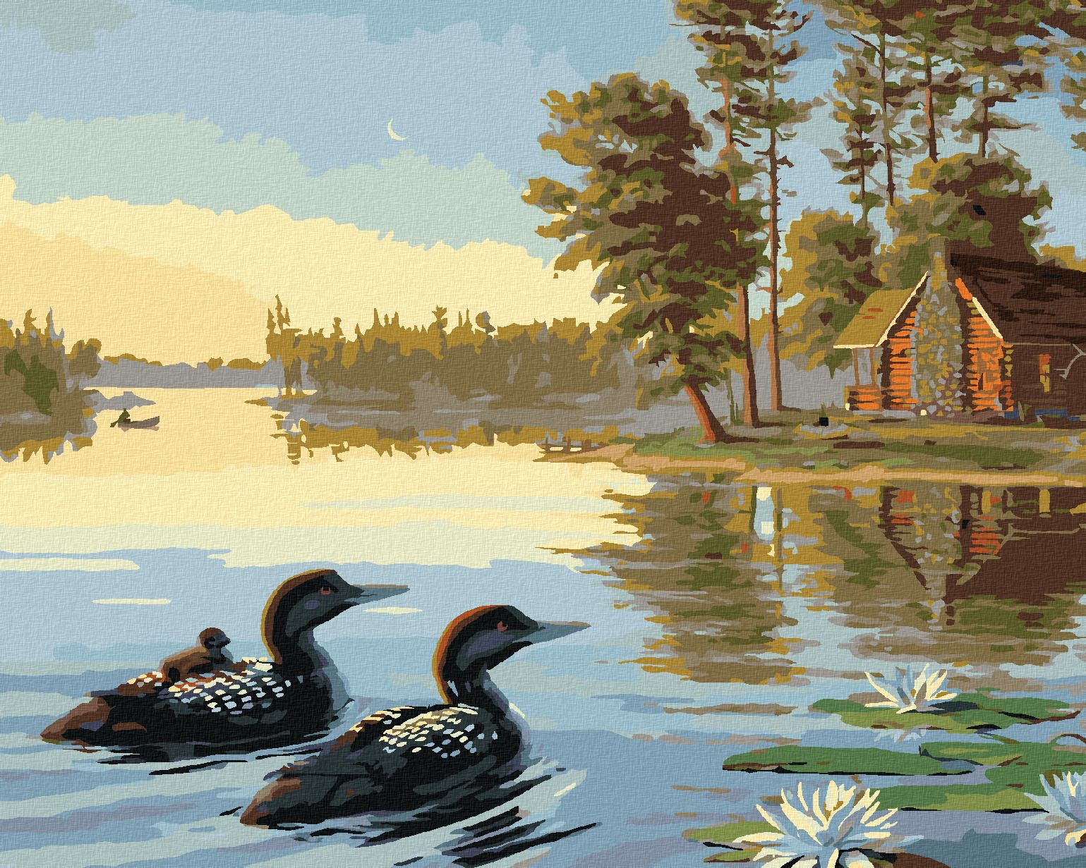 zuty Malování podle čísel – VODNÍ PTÁCI NA RYBNÍKU, LEKNÍNY A CHATA (NORTHERN PROMOTIONS) - Rozměr: 40x50 cm, Rámování: Varianta: bez rámu a bez vypnutí plátna - obrázek 1