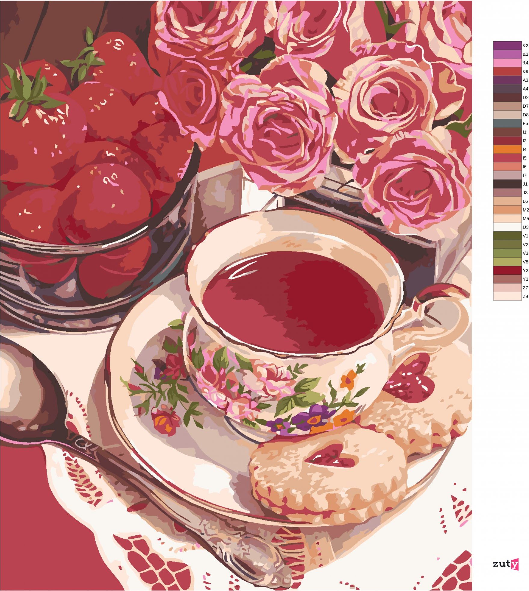 zuty Malování podle čísel - ČAJ S JAHODAMI A RŮŽEMI (MARDELL SCHUSTER) - Rozměr: 40x50 cm, Rámování: Varianta: bez rámu a bez vypnutí plátna - obrázek 2