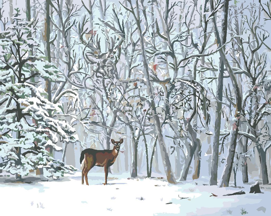 zuty Malování podle čísel - SRNA A ZASNĚŽENÉ STROMY (D. RUSTY RUST) - Rozměr: 40x50 cm, Rámování: Varianta: bez rámu a bez vypnutí plátna - obrázek 2
