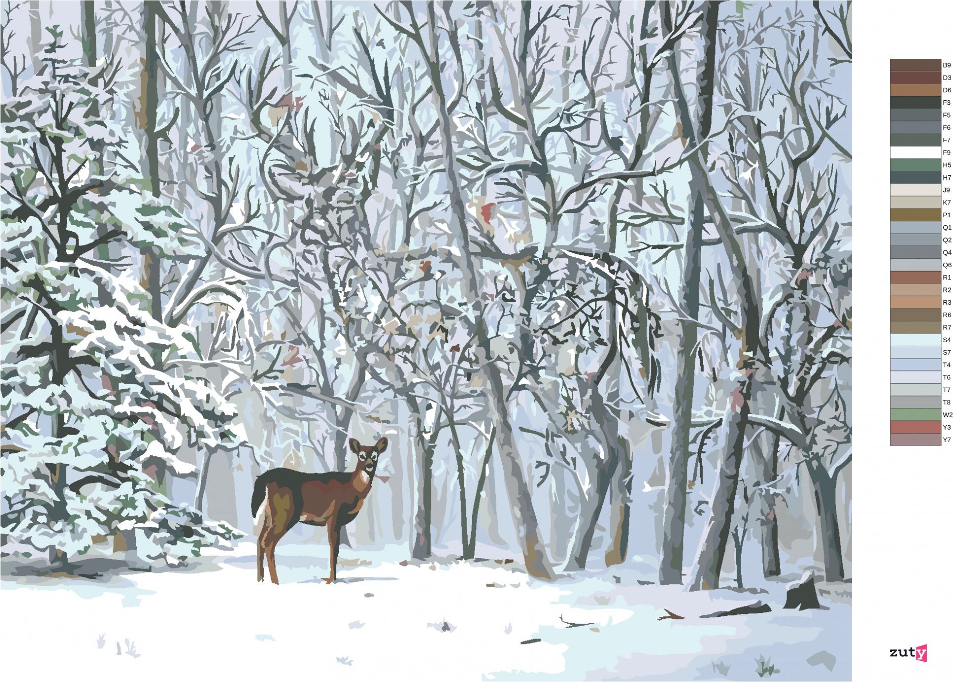 zuty Malování podle čísel - SRNA A ZASNĚŽENÉ STROMY (D. RUSTY RUST) - Rozměr: 40x50 cm, Rámování: Varianta: bez rámu a bez vypnutí plátna - obrázek 5