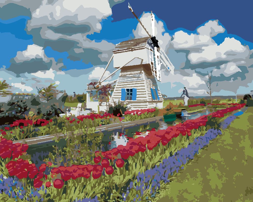 zuty Malování podle čísel - VĚTRNÝ MLÝN A TULIPÁNY (DENNIS FRATES) - Rozměr: 40x50 cm, Rámování: Varianta: vypnuté plátno na rám - obrázek 4