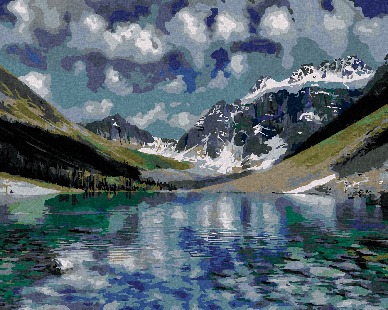 zuty Malování podle čísel - ZASNĚŽENÉ HORY A PRŮZRAČNÉ JEZERO (DENNIS FRATES) - Rozměr: 40x50 cm, Rámování: Varianta: vypnuté plátno na rám - obrázek 1