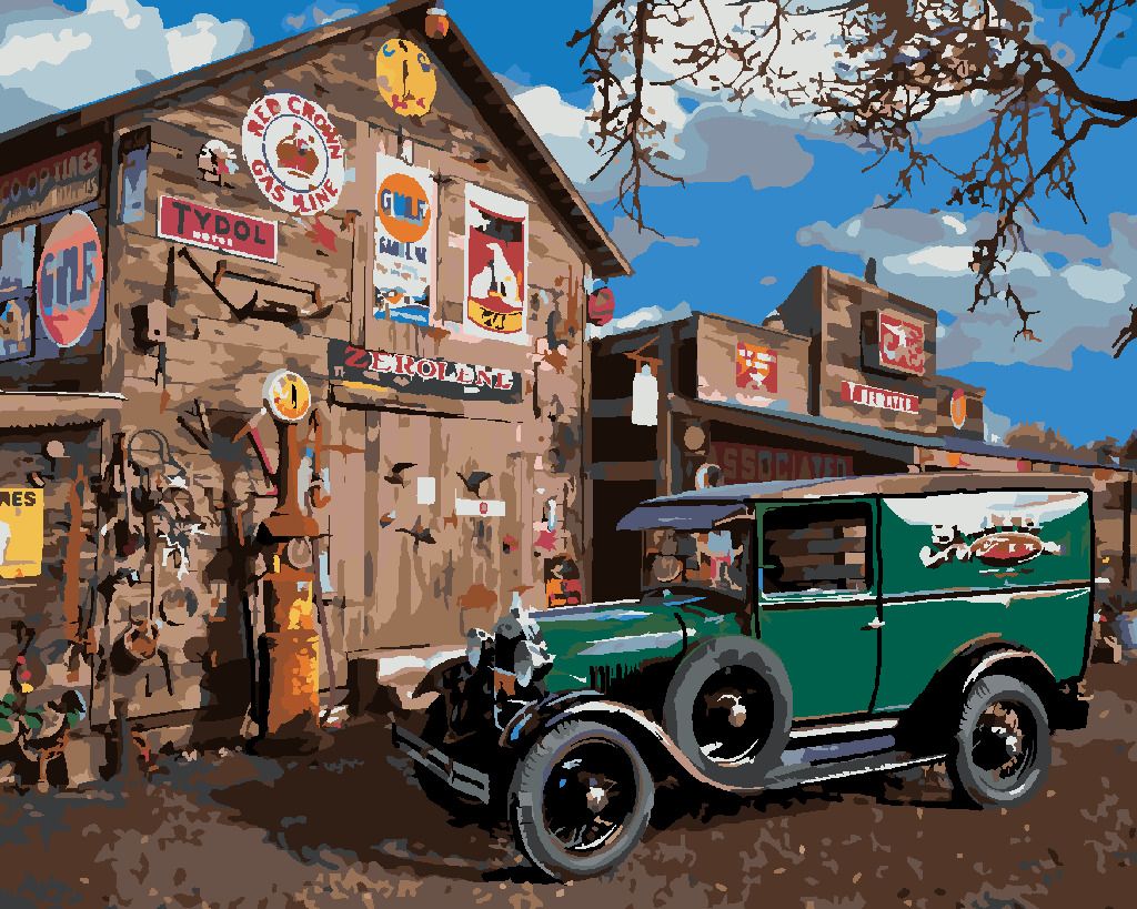 zuty Malování podle čísel - AUTO VETERÁN U STODOLY (DENNIS FRATES) - Rozměr: 40x50 cm, Rámování: Varianta: vypnuté plátno na rám - obrázek 3