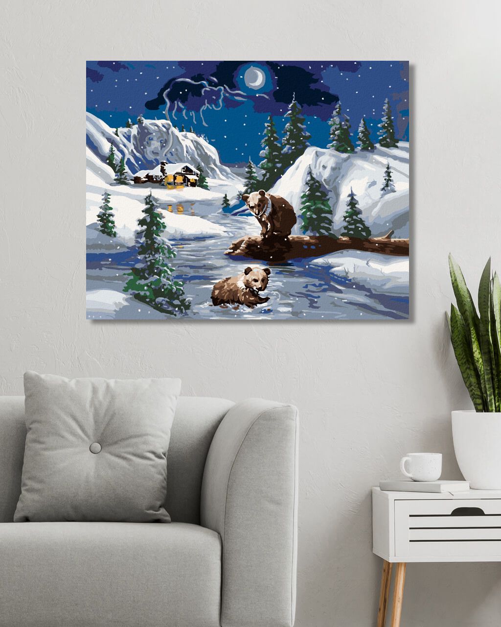 zuty Malování podle čísel - MEDVĚD U ŘEKY, CHATA A MĚSÍC (D. RUSTY RUST) - Rozměr: 40x50 cm, Rámování: Varianta: bez rámu a bez vypnutí plátna - obrázek 5