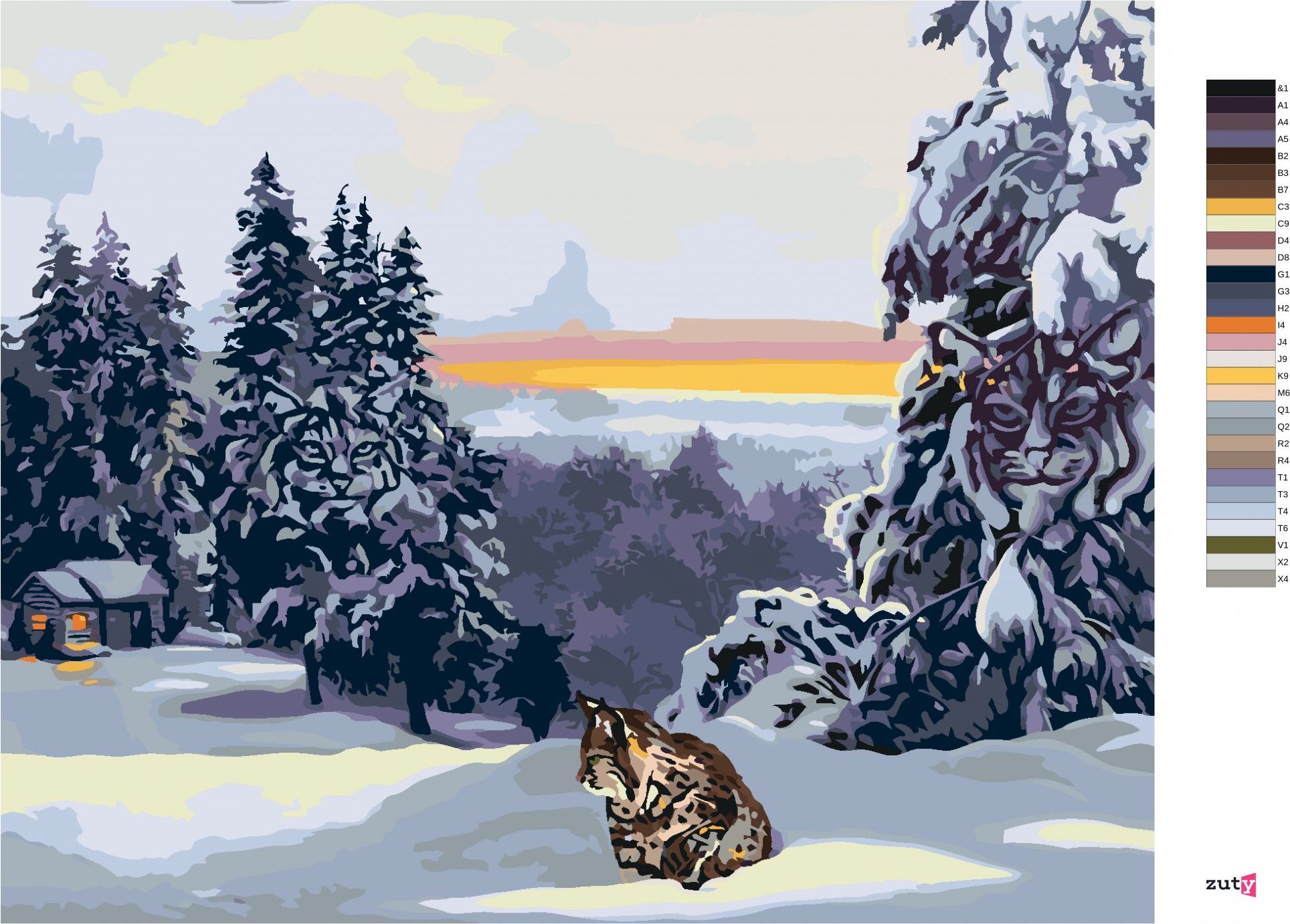 zuty Malování podle čísel - RYS VE SNĚHU, CHATA A LES (D. RUSTY RUST) - Rozměr: 40x50 cm, Rámování: Varianta: vypnuté plátno na rám - obrázek 6