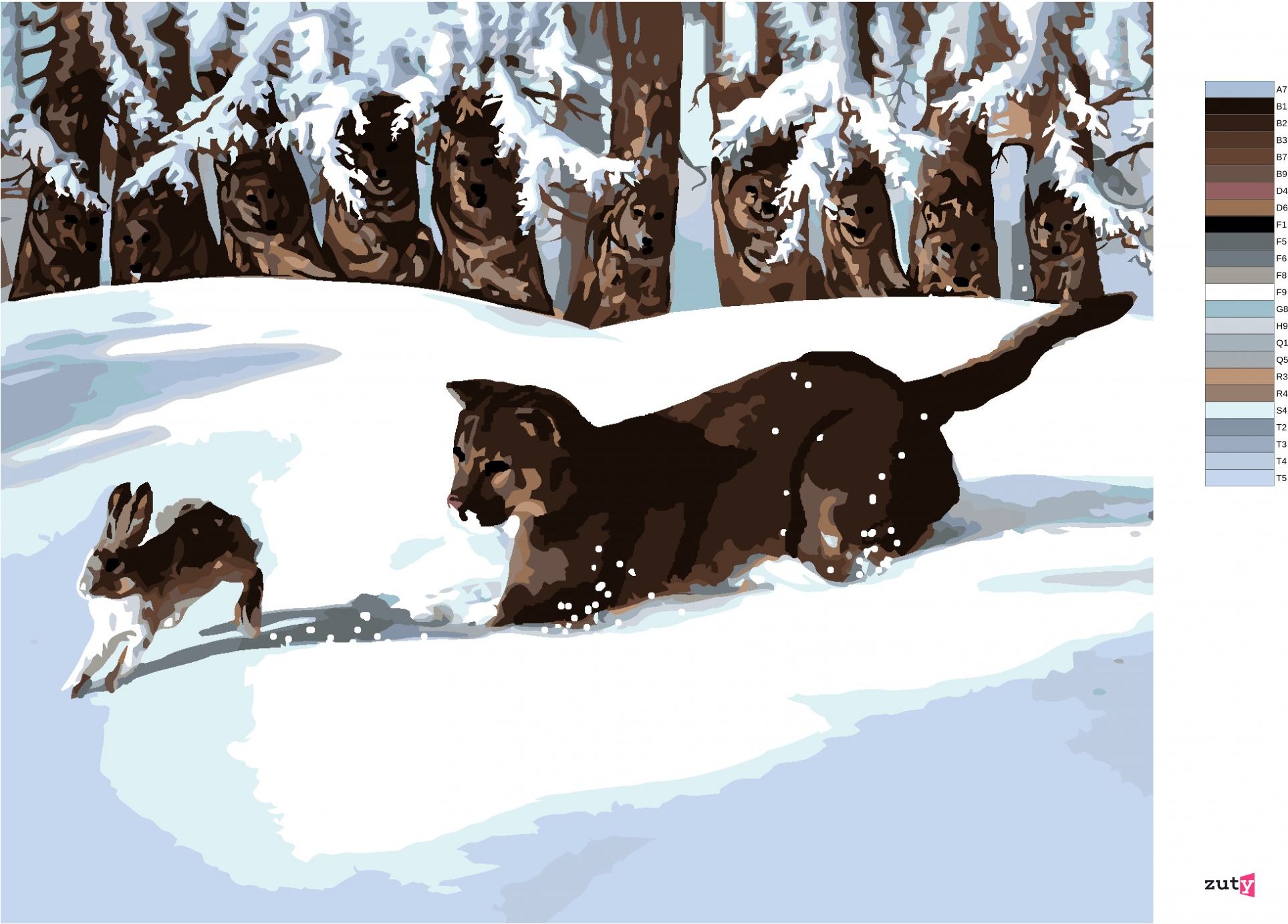 zuty Malování podle čísel - PUMA LOVÍCÍ ZAJÍCE VE SNĚHU (D. RUSTY RUST) - Rozměr: 40x50 cm, Rámování: Varianta: bez rámu a bez vypnutí plátna - obrázek 5