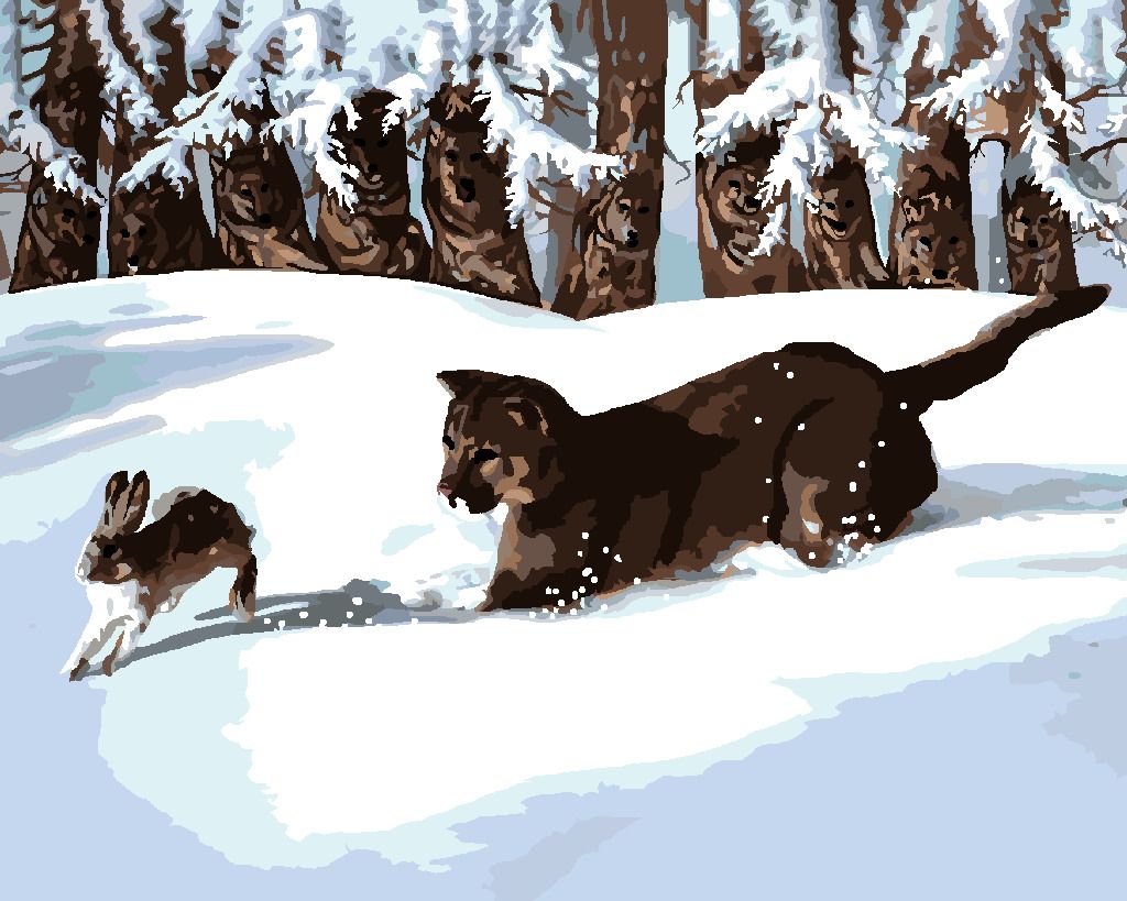 zuty Malování podle čísel - PUMA LOVÍCÍ ZAJÍCE VE SNĚHU (D. RUSTY RUST) - Rozměr: 40x50 cm, Rámování: Varianta: bez rámu a bez vypnutí plátna - obrázek 9