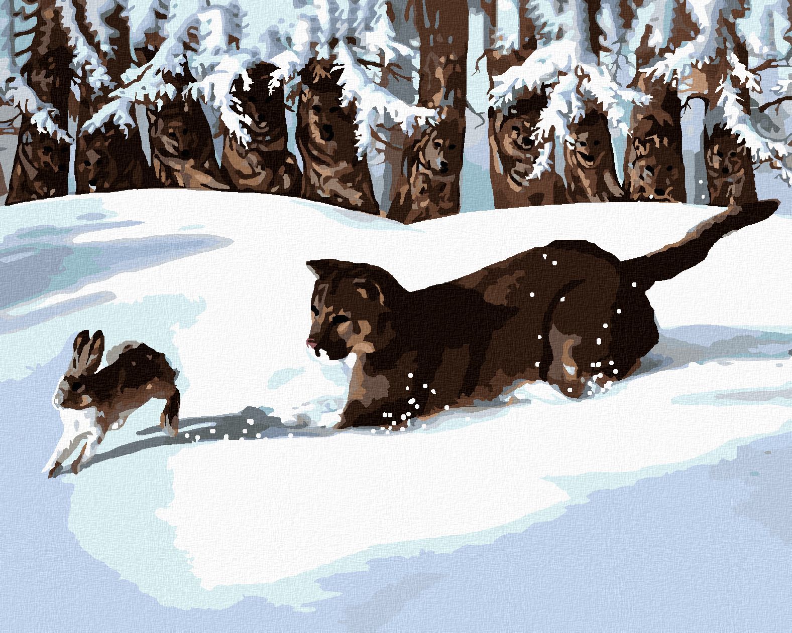 zuty Malování podle čísel - PUMA LOVÍCÍ ZAJÍCE VE SNĚHU (D. RUSTY RUST) - Rozměr: 40x50 cm, Rámování: Varianta: vypnuté plátno na rám - obrázek 1